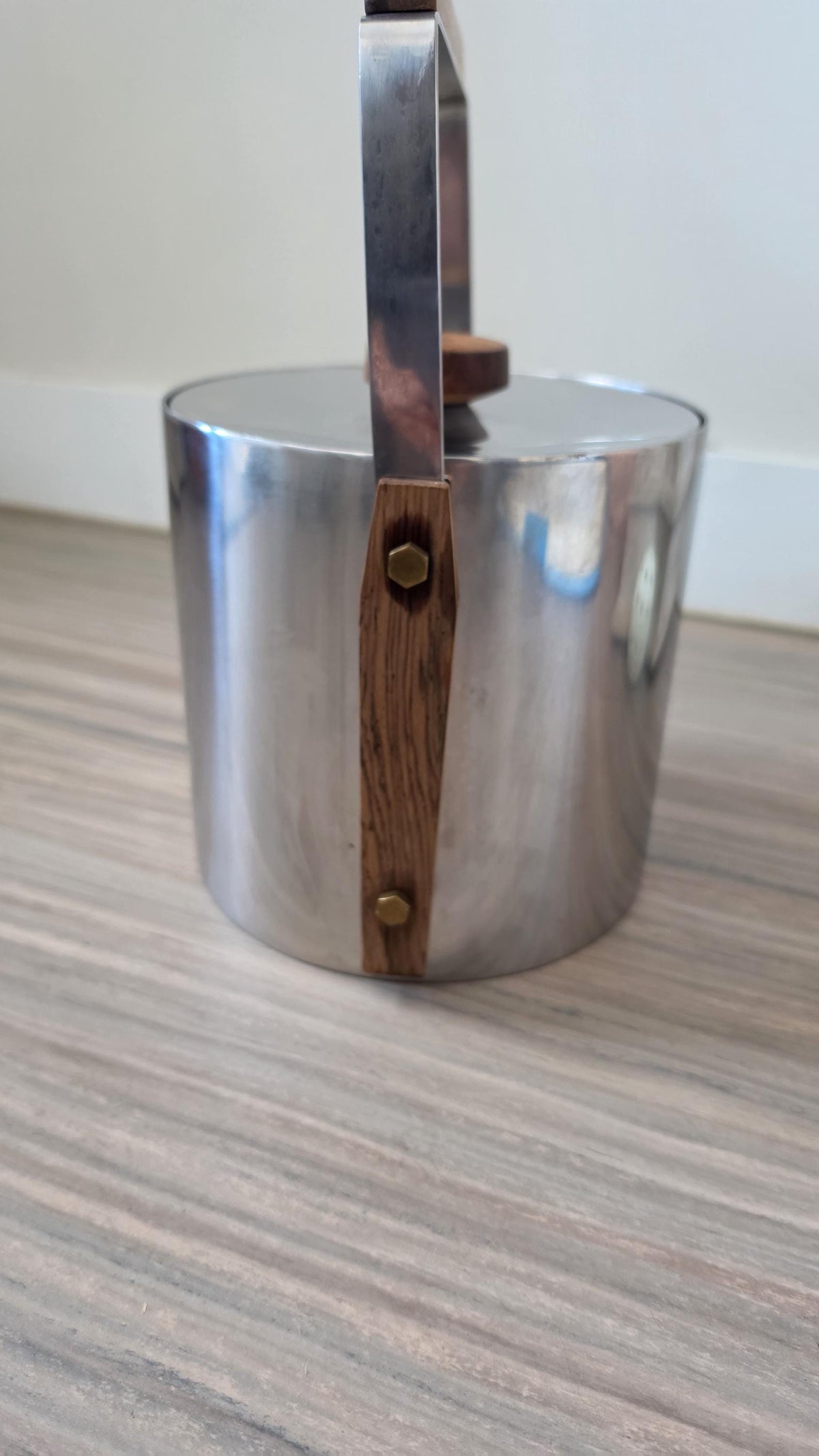 1960s Swedish Cultura Stainless Steel Ice Bucket Teak Handle Mid Century Modern Barware Sweden