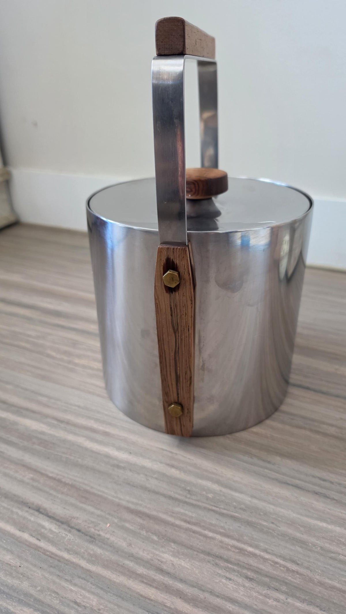 1960s Swedish Cultura Stainless Steel Ice Bucket Teak Handle Mid Century Modern Barware Sweden