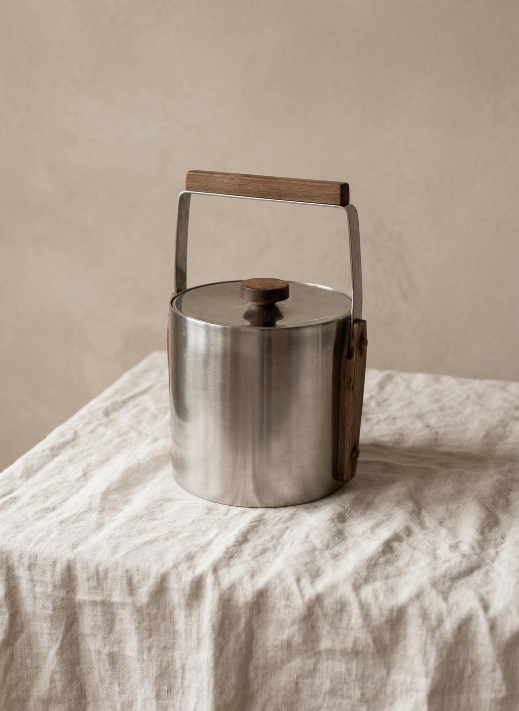 1960s Swedish Cultura Stainless Steel Ice Bucket Teak Handle Mid Century Modern Barware Sweden