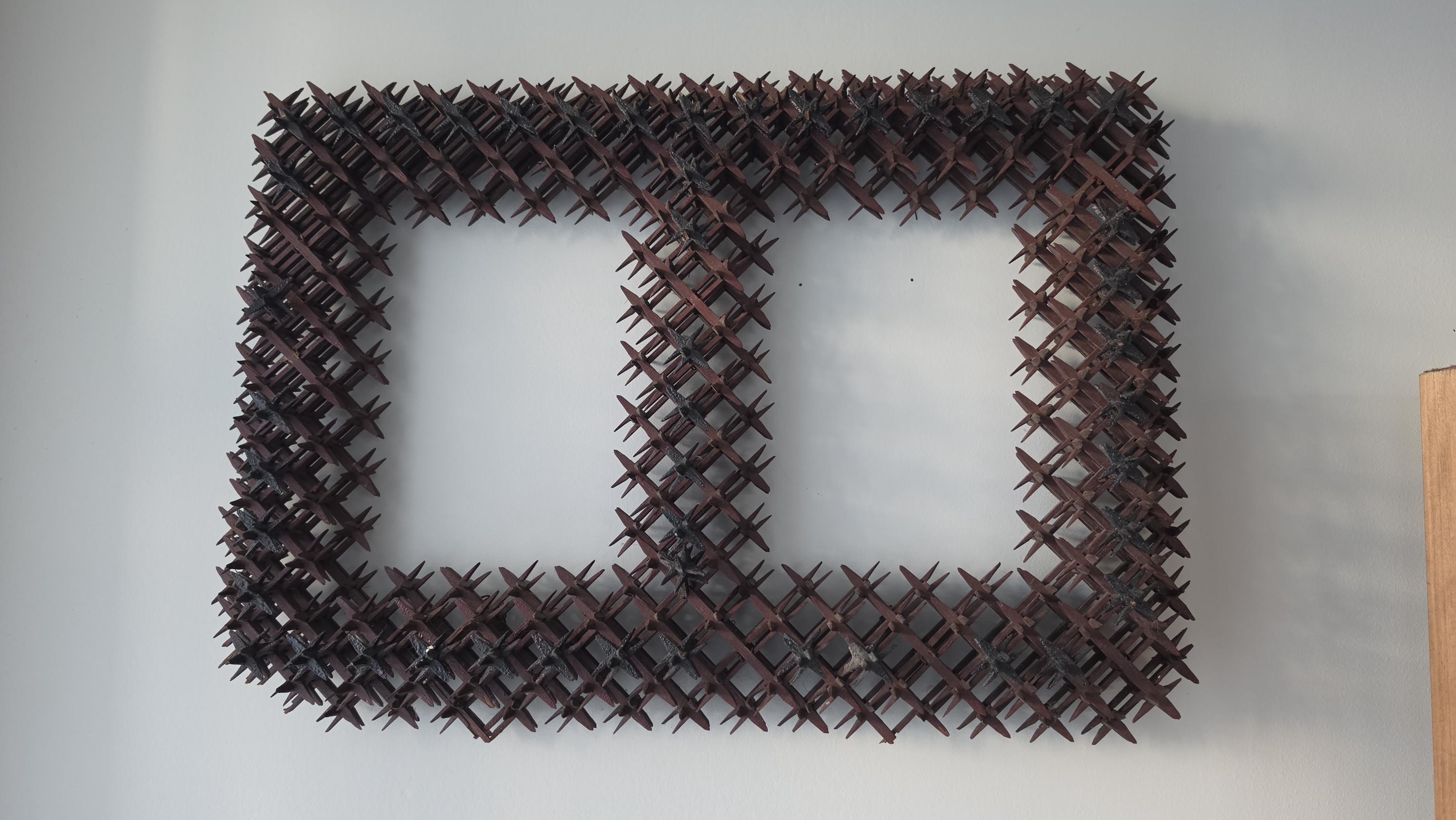 Vintage Tramp Art Crown of Thorns Double Frame Folk Art Wooden Black Forest Style Wall Decor