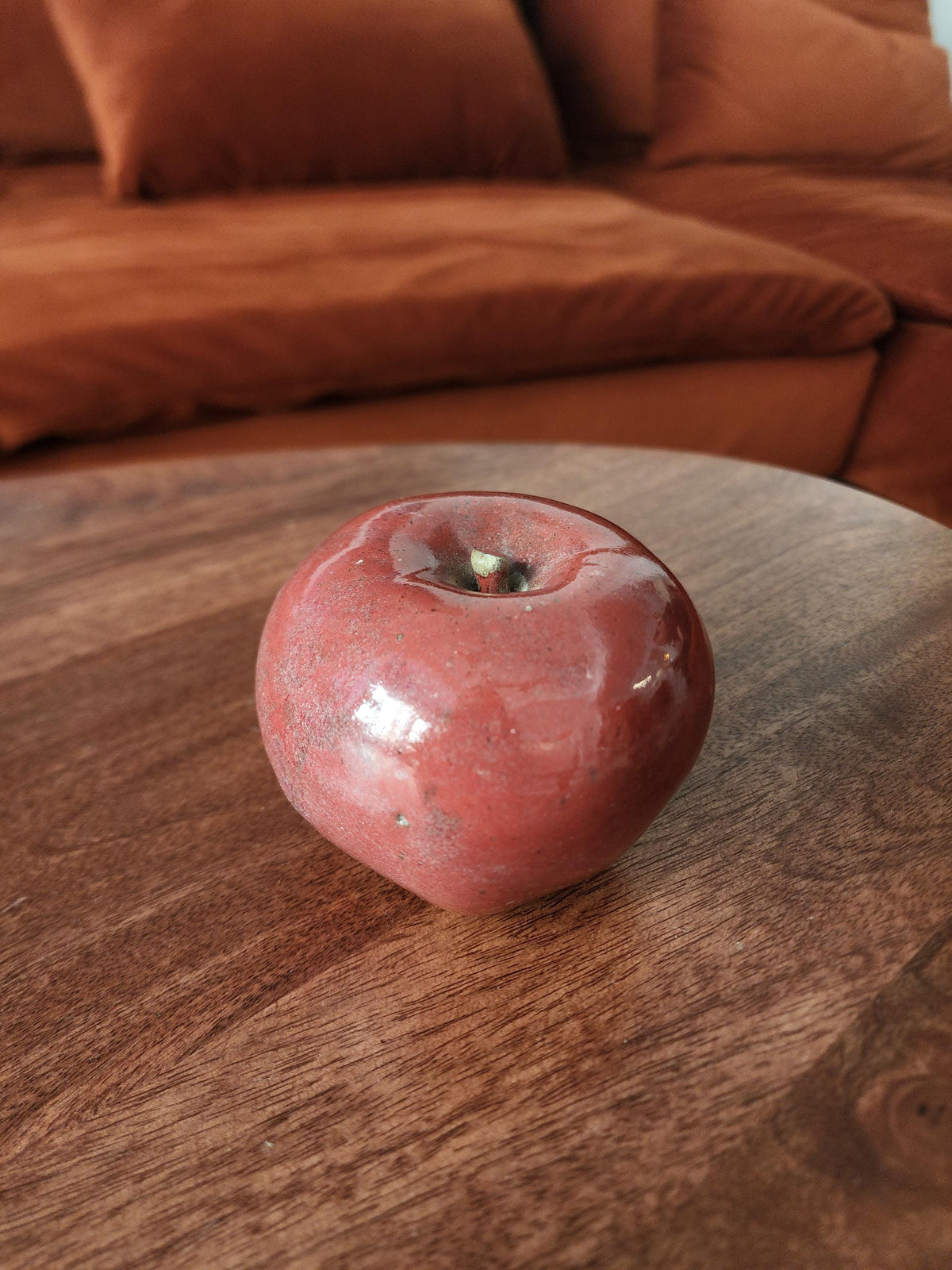 Vintage Studio Pottery Red Apple Sculpture Handmade Ceramic Fruit Decor Rustic Farmhouse Accent