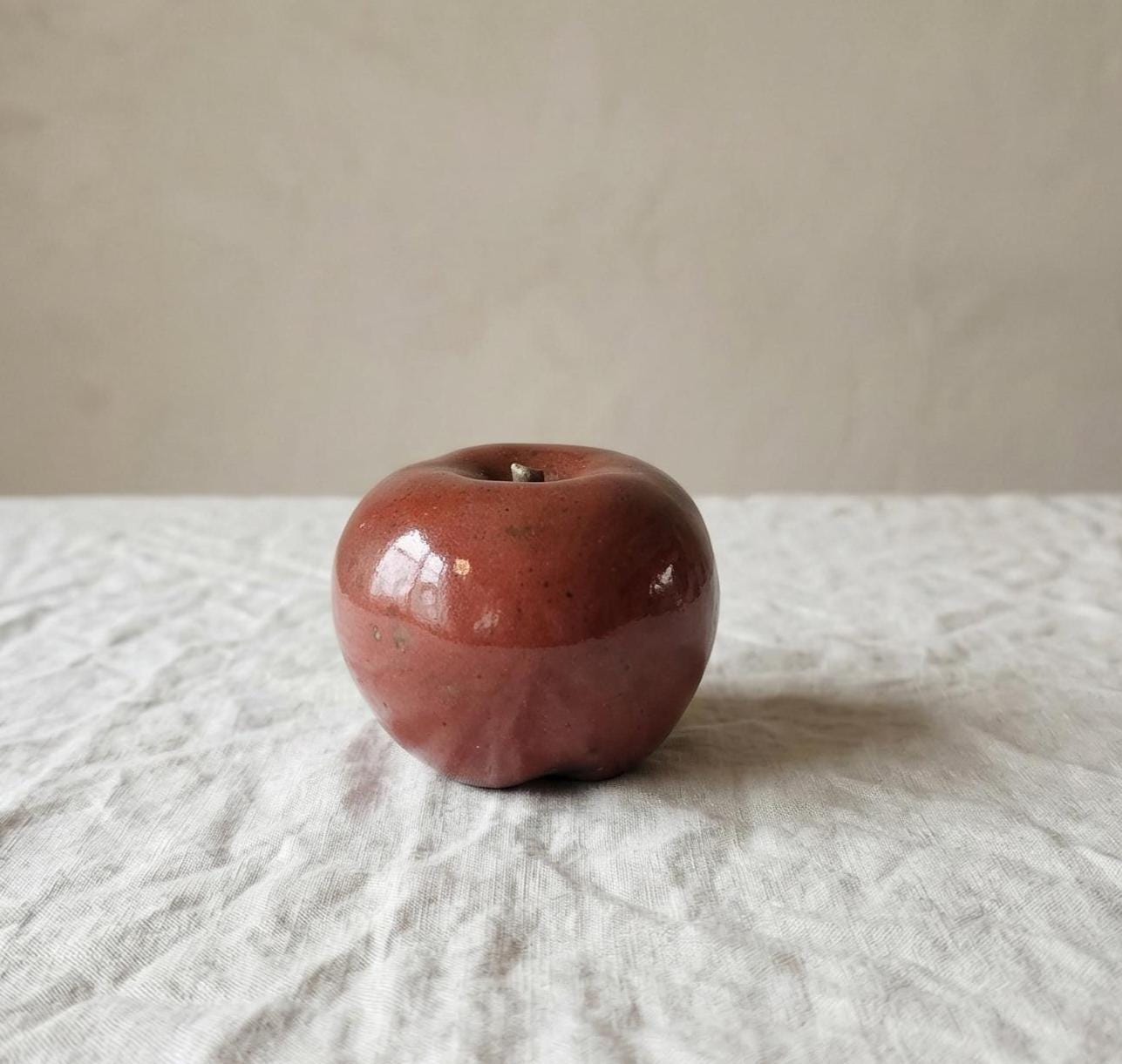 Vintage Studio Pottery Red Apple Sculpture Handmade Ceramic Fruit Decor Rustic Farmhouse Accent
