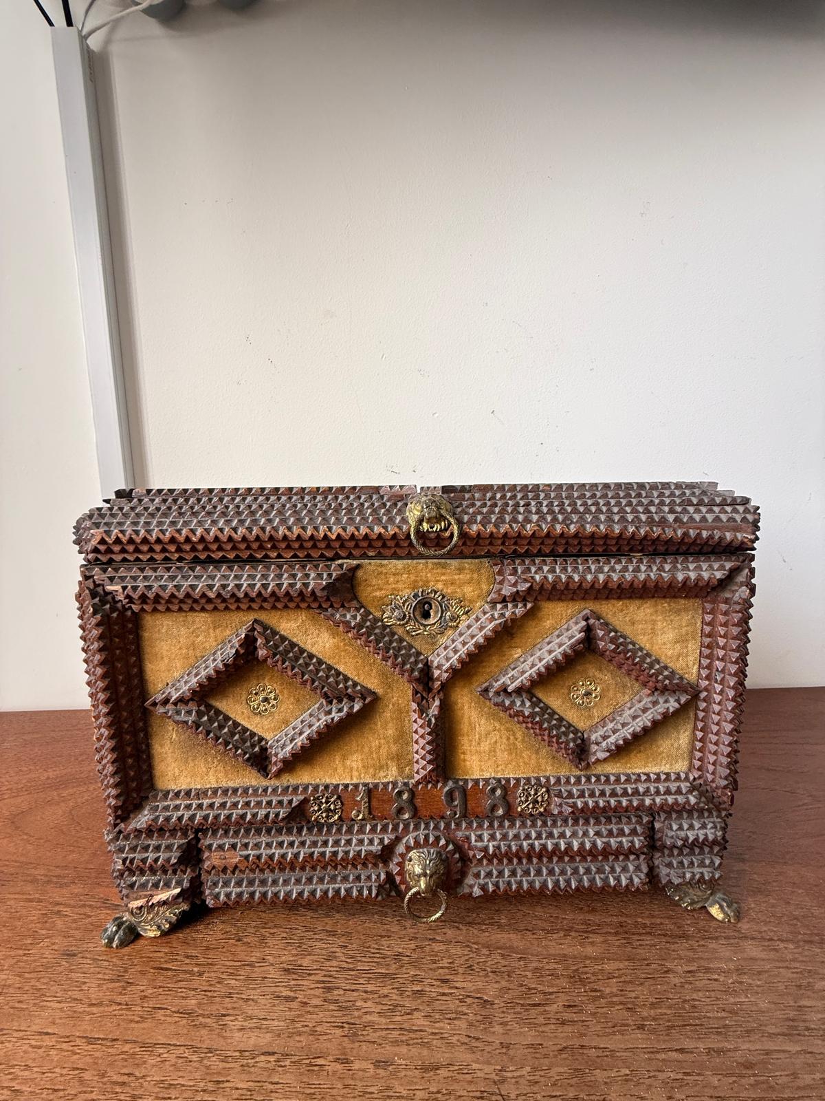 Antique Tramp Art Jewelry Box 1898, Hand Carved Wooden Chest with Mirror, Folk Art Keepsake Box, Victorian Trinket Box, Lion Pull