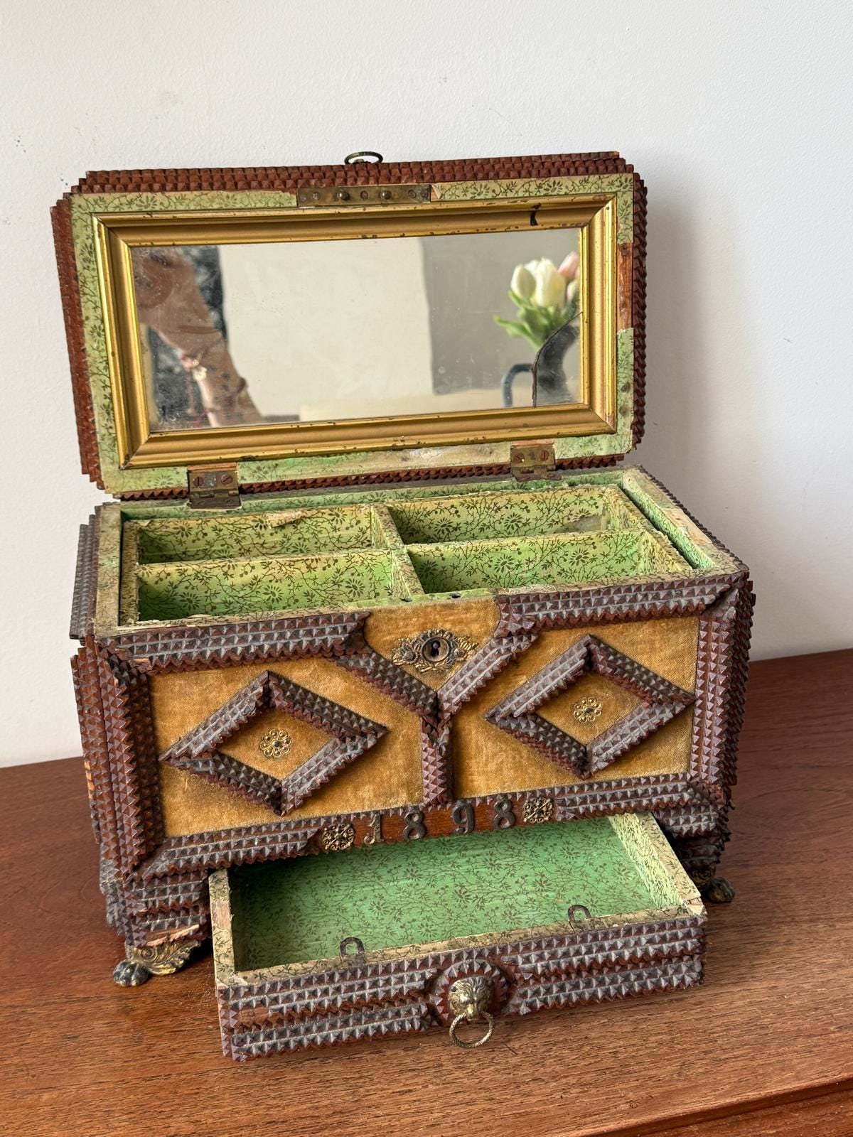 Antique Tramp Art Jewelry Box 1898, Hand Carved Wooden Chest with Mirror, Folk Art Keepsake Box, Victorian Trinket Box, Lion Pull
