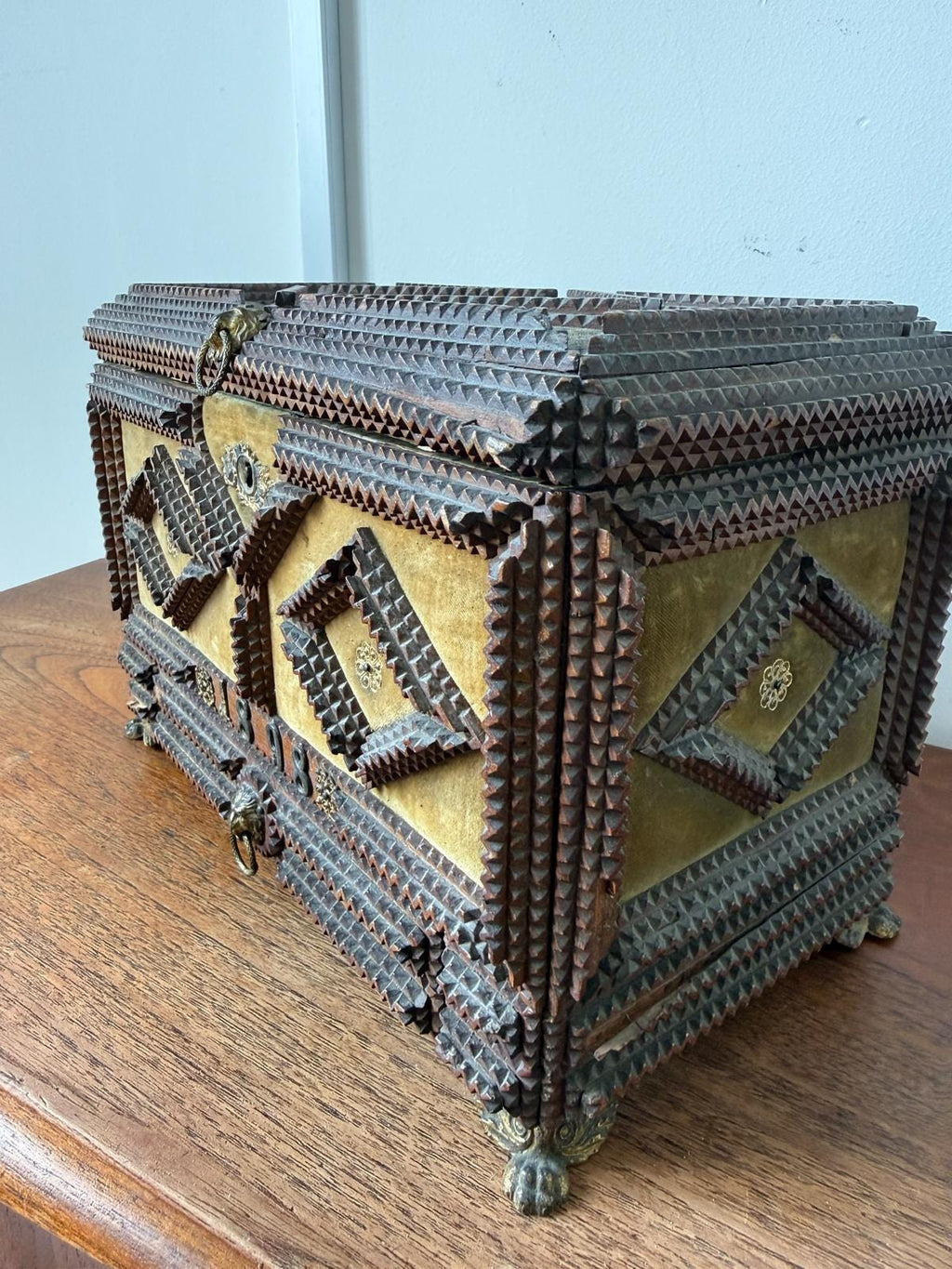 Antique Tramp Art Jewelry Box 1898, Hand Carved Wooden Chest with Mirror, Folk Art Keepsake Box, Victorian Trinket Box, Lion Pull