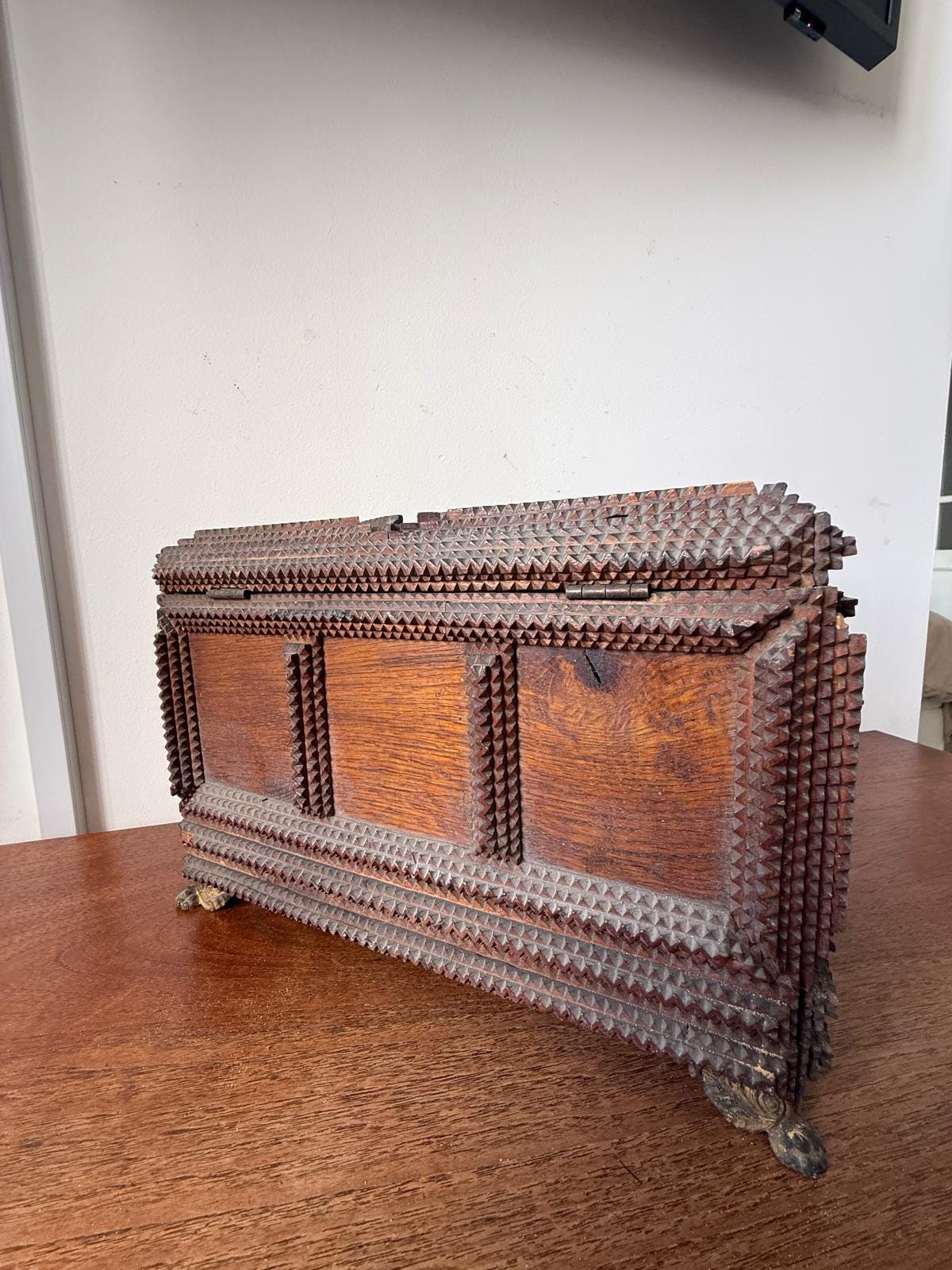 Antique Tramp Art Jewelry Box 1898, Hand Carved Wooden Chest with Mirror, Folk Art Keepsake Box, Victorian Trinket Box, Lion Pull