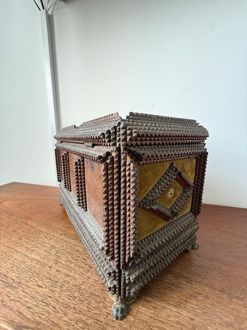 Antique Tramp Art Jewelry Box 1898, Hand Carved Wooden Chest with Mirror, Folk Art Keepsake Box, Victorian Trinket Box, Lion Pull