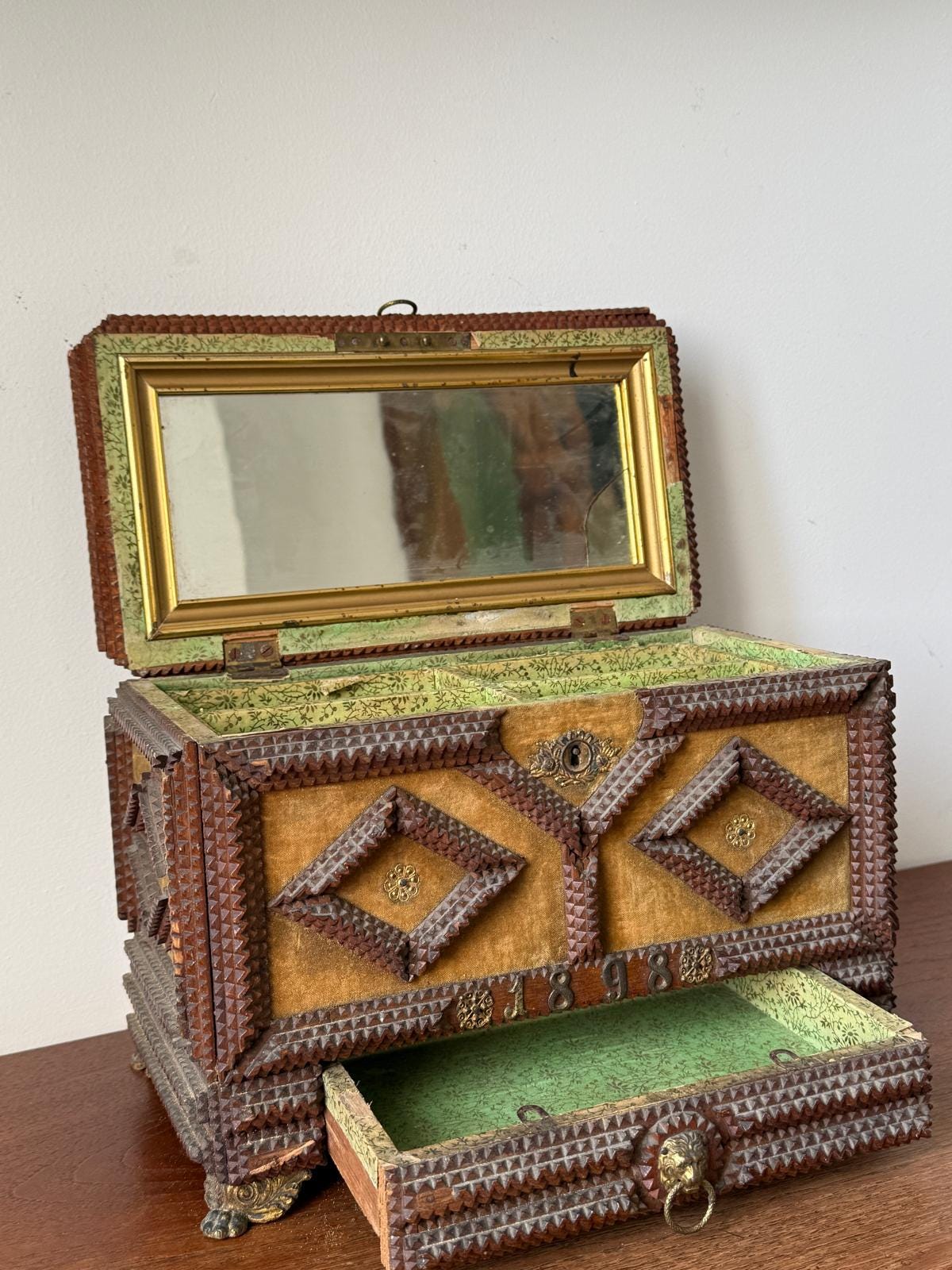 Antique Tramp Art Jewelry Box 1898, Hand Carved Wooden Chest with Mirror, Folk Art Keepsake Box, Victorian Trinket Box, Lion Pull