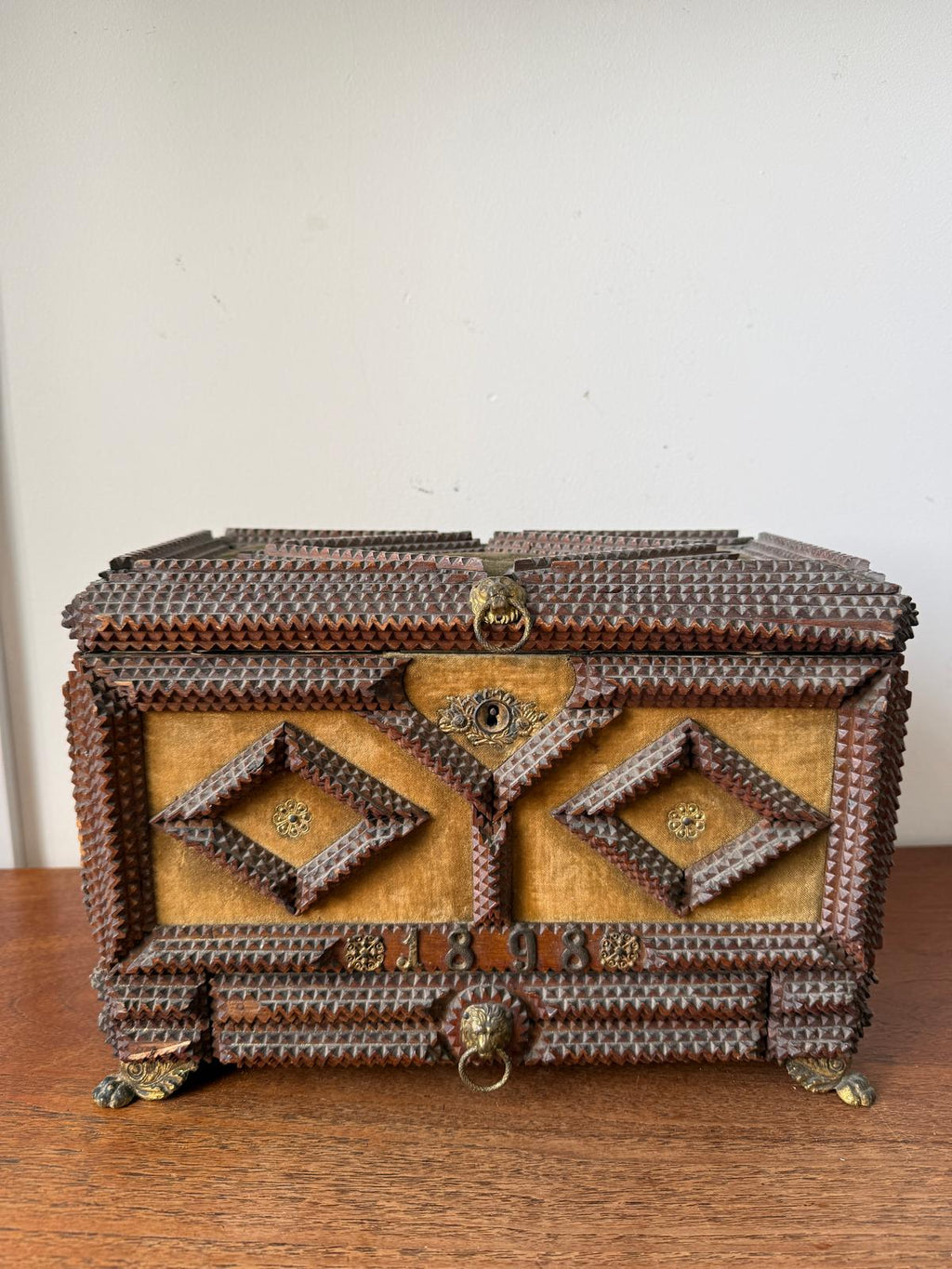 Antique Tramp Art Jewelry Box 1898, Hand Carved Wooden Chest with Mirror, Folk Art Keepsake Box, Victorian Trinket Box, Lion Pull