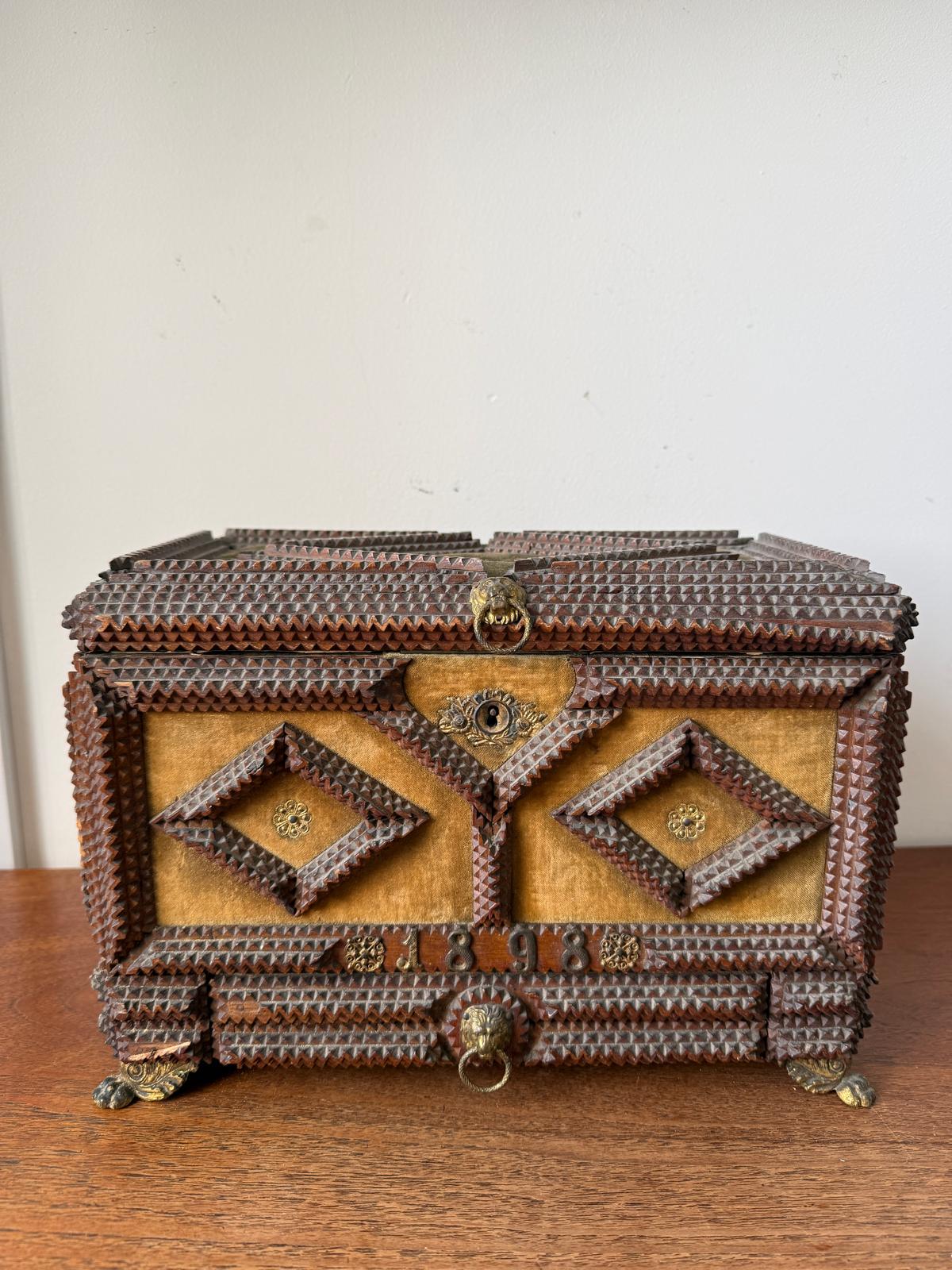 Antique Tramp Art Jewelry Box 1898, Hand Carved Wooden Chest with Mirror, Folk Art Keepsake Box, Victorian Trinket Box, Lion Pull