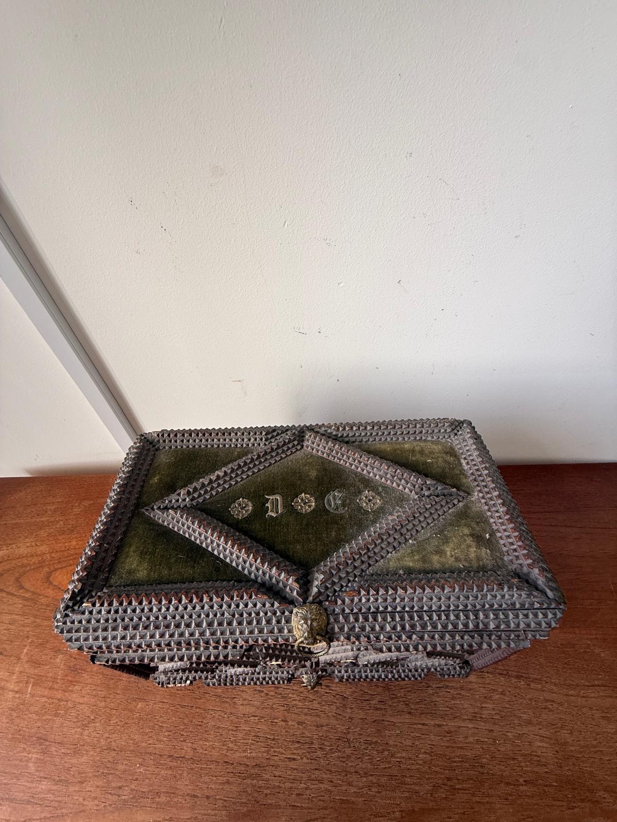 Antique Tramp Art Jewelry Box 1898, Hand Carved Wooden Chest with Mirror, Folk Art Keepsake Box, Victorian Trinket Box, Lion Pull