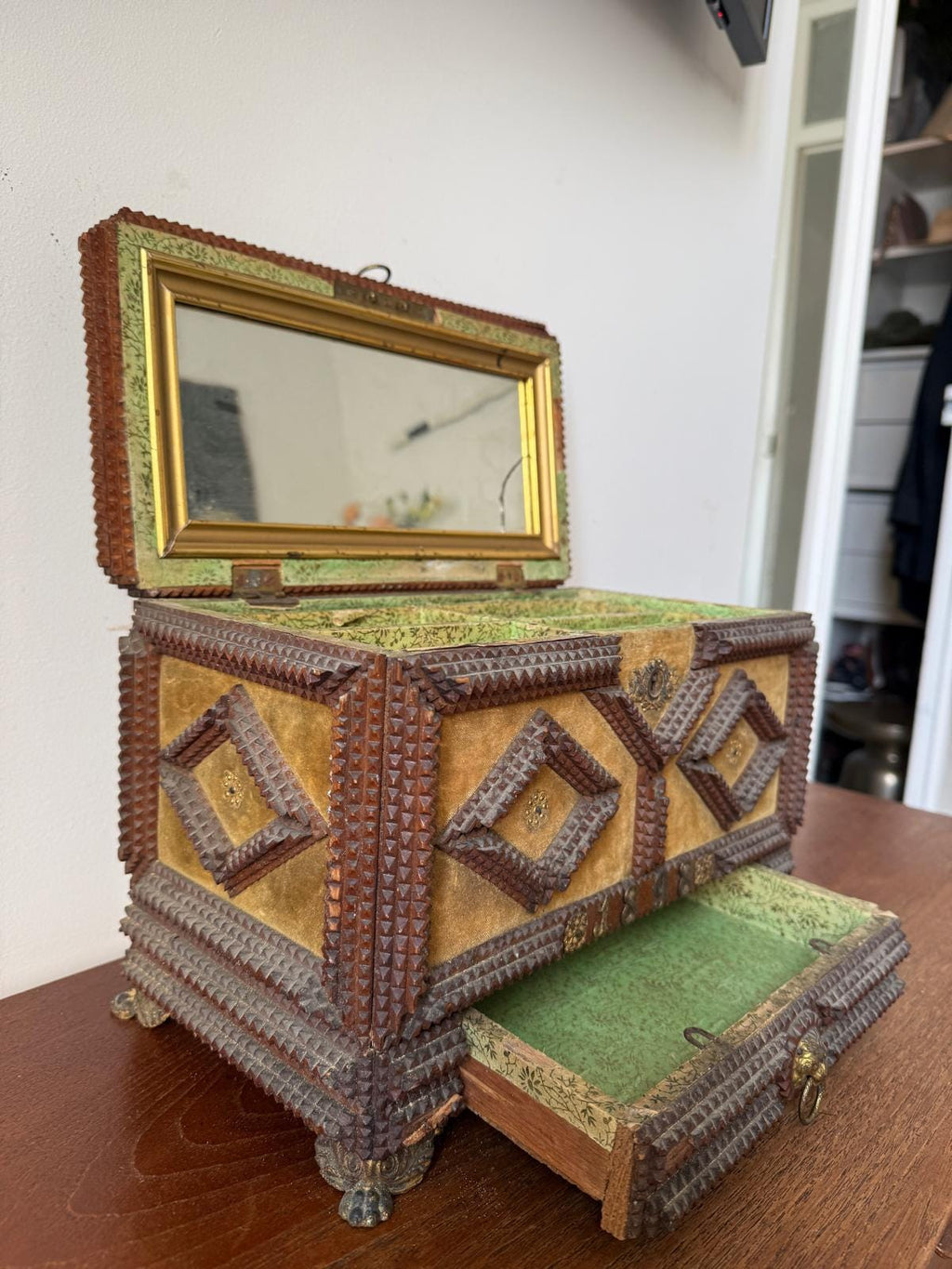 Antique Tramp Art Jewelry Box 1898, Hand Carved Wooden Chest with Mirror, Folk Art Keepsake Box, Victorian Trinket Box, Lion Pull
