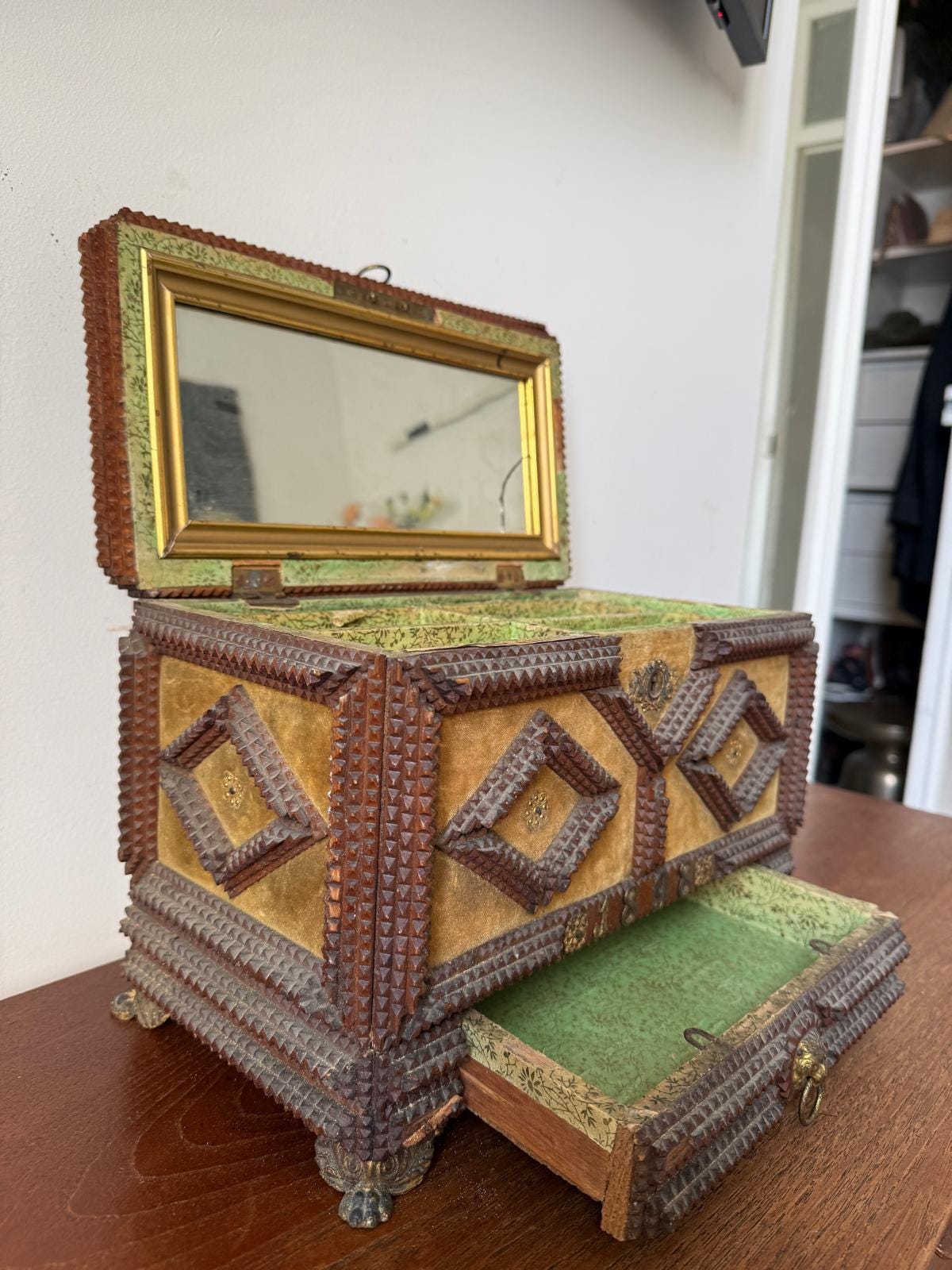 Antique Tramp Art Jewelry Box 1898, Hand Carved Wooden Chest with Mirror, Folk Art Keepsake Box, Victorian Trinket Box, Lion Pull