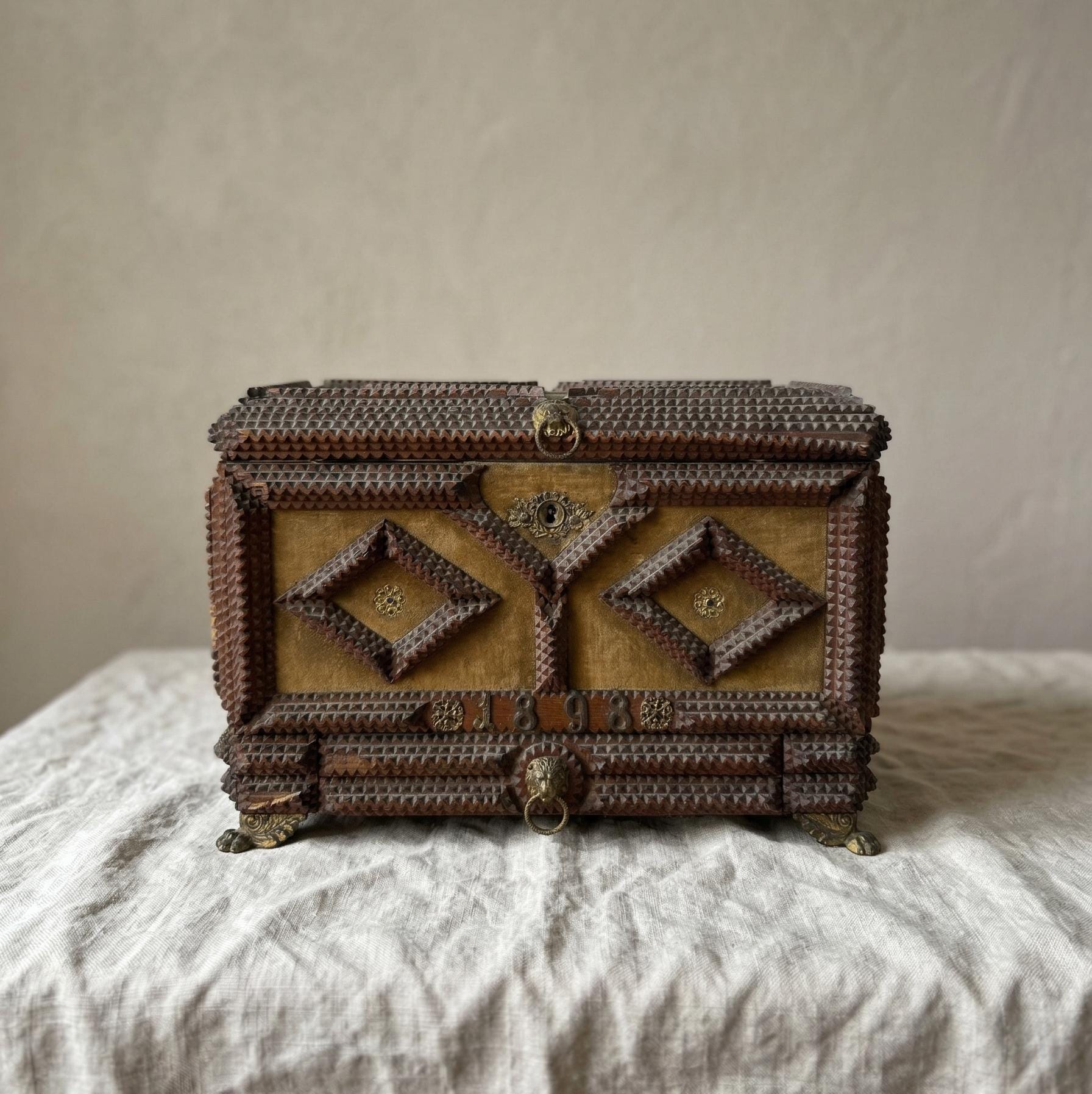 Antique Tramp Art Jewelry Box 1898
