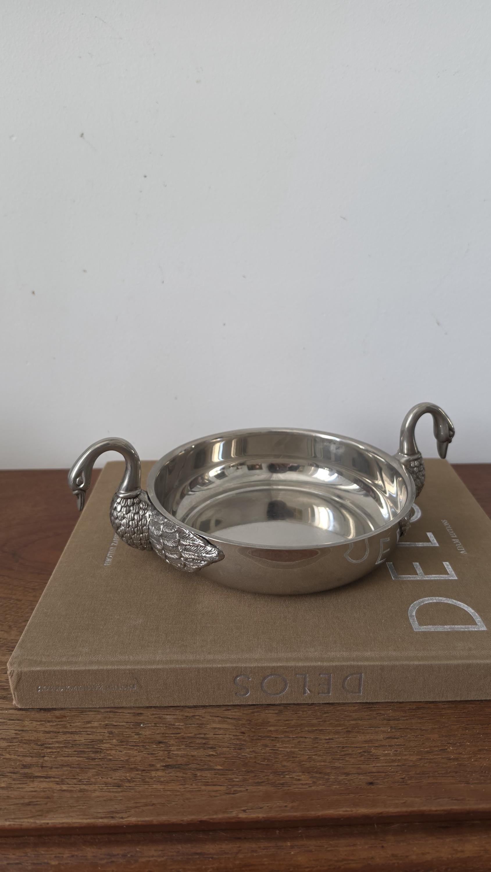 Vintage Silver Plated Swan Handle Bowl, Art Deco Decorative Dish, Hollywood Regency Centerpiece, Elegant Table Decor