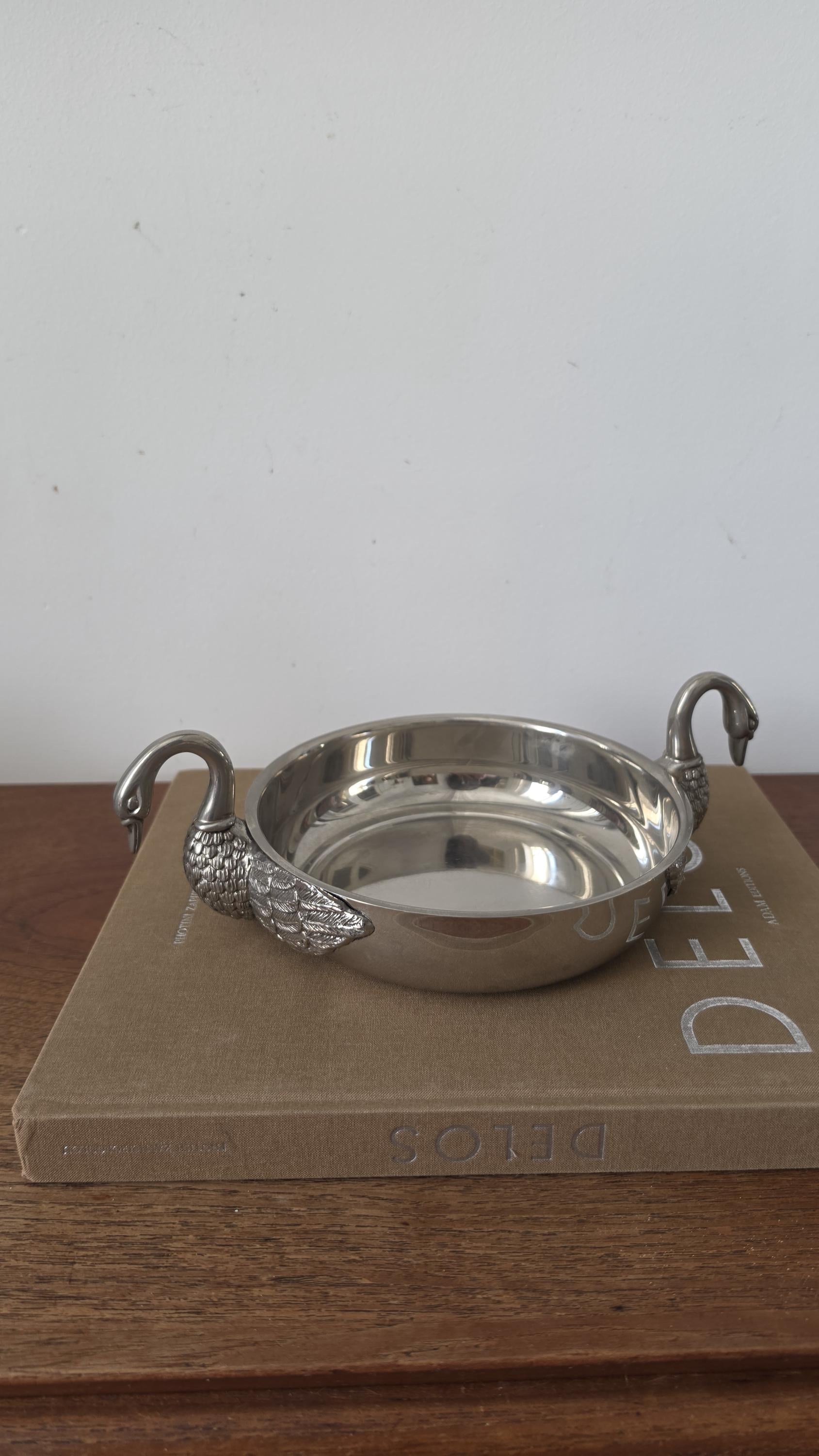 Vintage Silver Plated Swan Handle Bowl, Art Deco Decorative Dish, Hollywood Regency Centerpiece, Elegant Table Decor