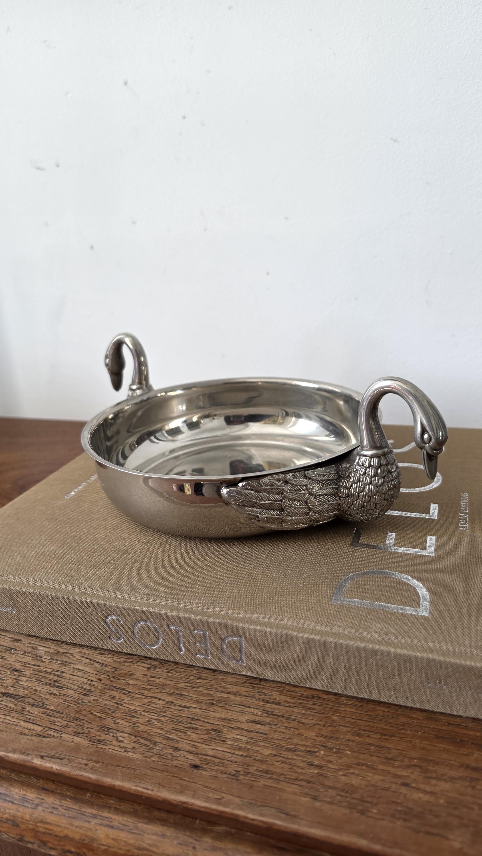 Vintage Silver Plated Swan Handle Bowl, Art Deco Decorative Dish, Hollywood Regency Centerpiece, Elegant Table Decor