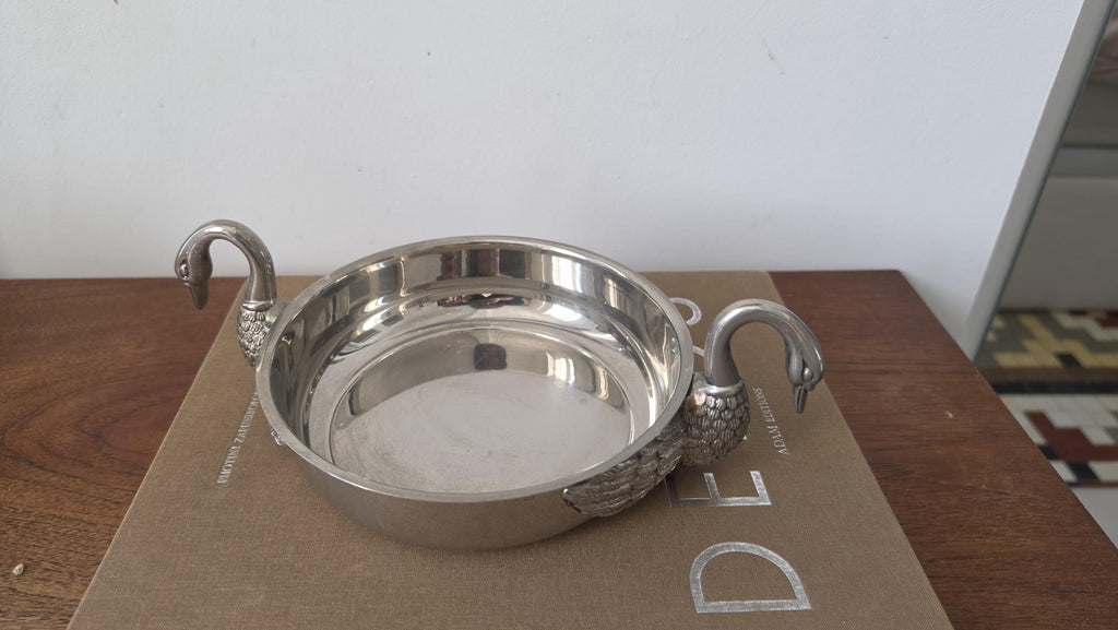 Vintage Silver Plated Swan Handle Bowl, Art Deco Decorative Dish, Hollywood Regency Centerpiece, Elegant Table Decor