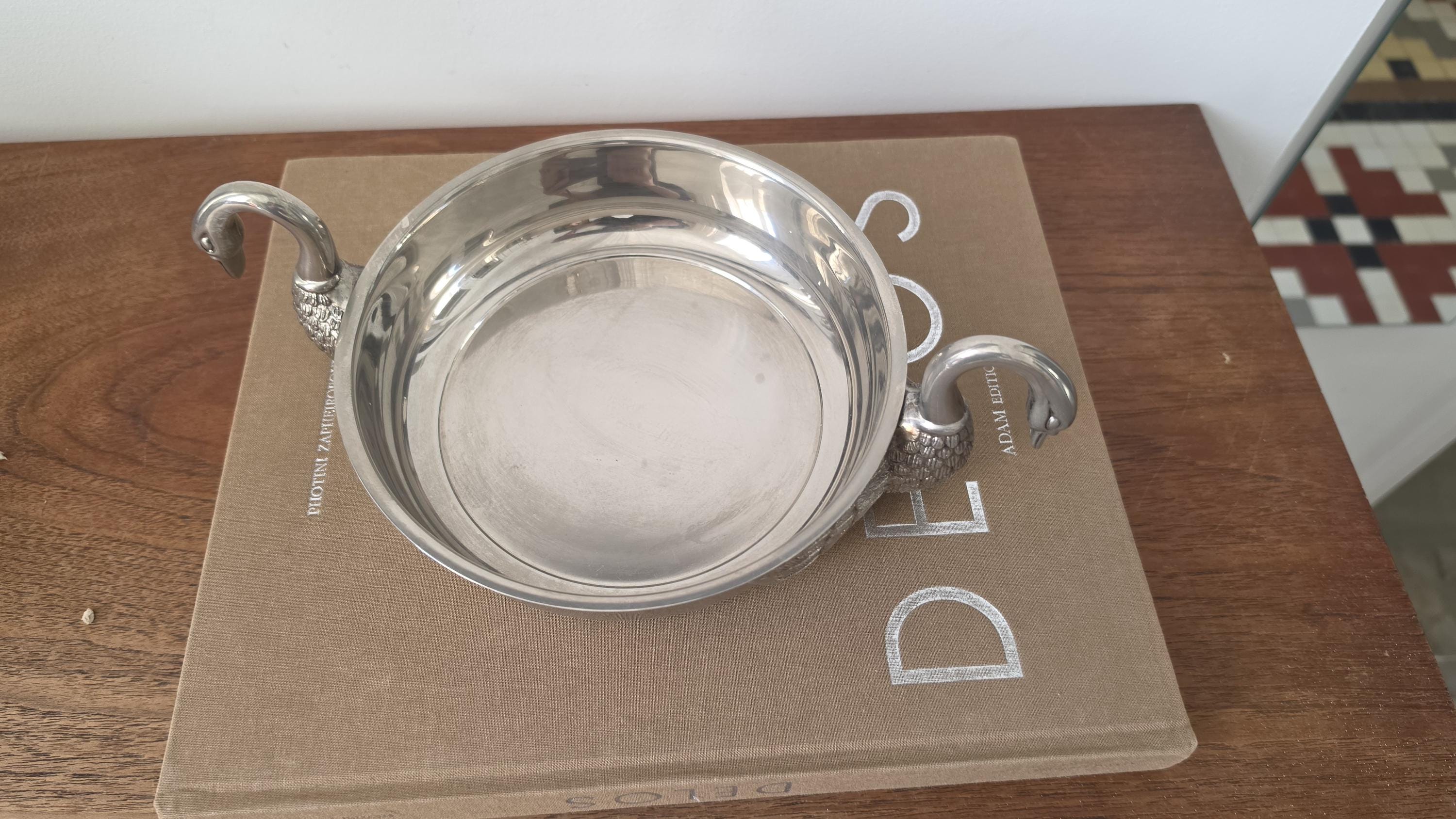 Vintage Silver Plated Swan Handle Bowl, Art Deco Decorative Dish, Hollywood Regency Centerpiece, Elegant Table Decor