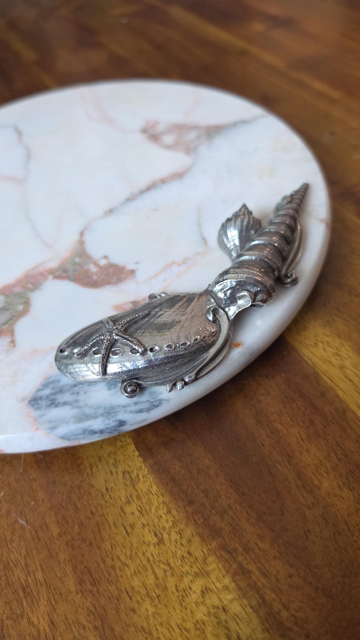 Vintage Marble Tray with Metal Handle, Round Stone Serving Platter, Italian Style Cheese Board, Decorative Marble Dish, Seagull 1995