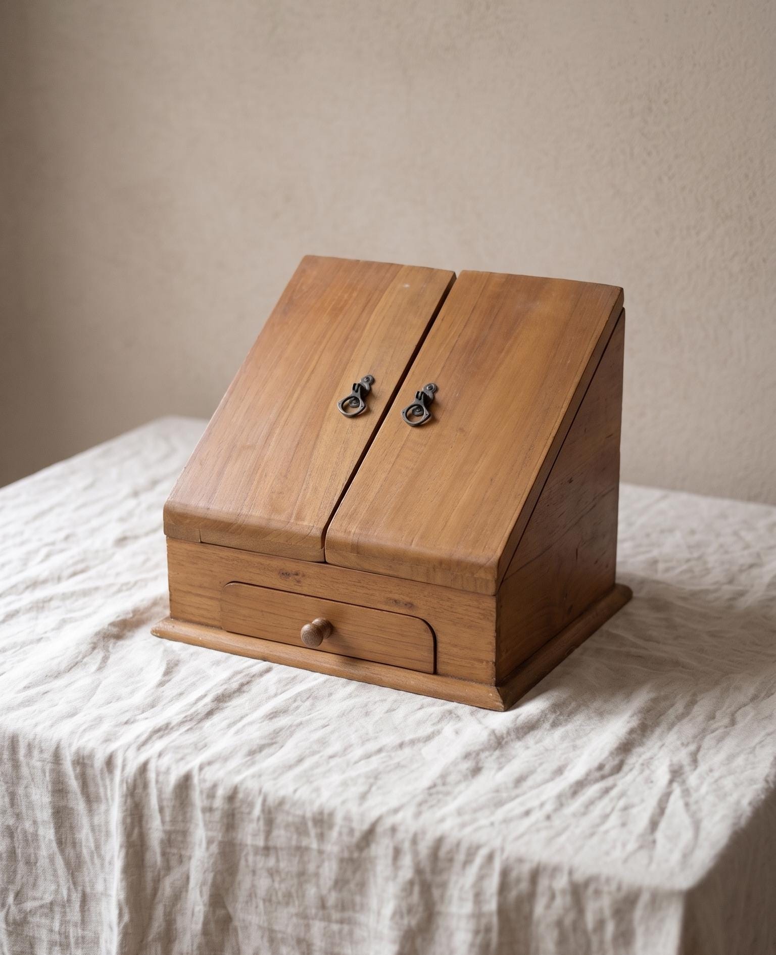 Mid Century Storage Organizer, Vintage Wooden Sewing Box, Letter Holder Desk Box with Drawer, Rustic Wood Craft Storage