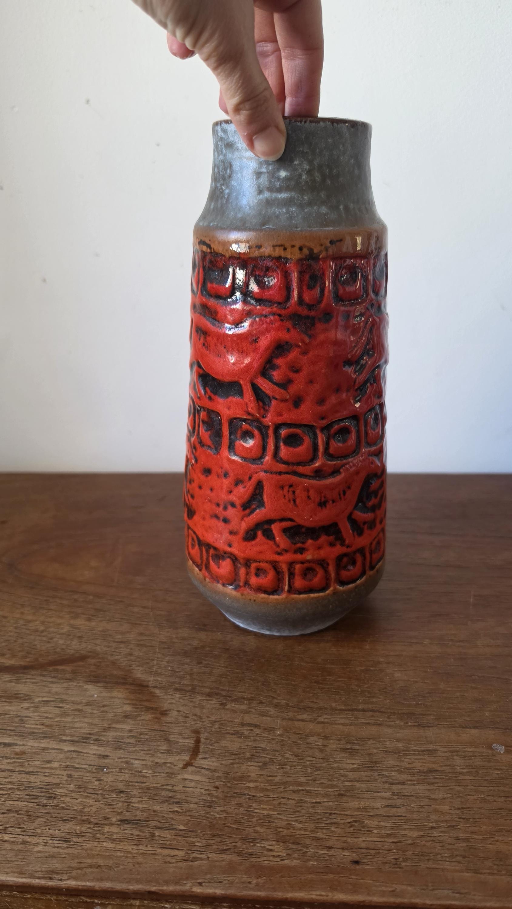 Carstens Tonnieshof Vase West Germany, Prehistoric Animal Relief Vase, Vintage 60s 70s WGP Red Lava Ceramic