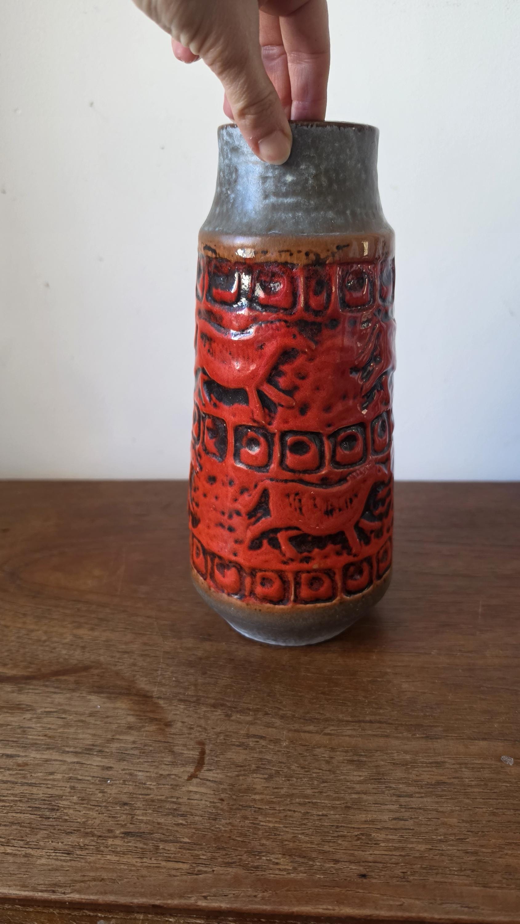 Carstens Tonnieshof Vase West Germany, Prehistoric Animal Relief Vase, Vintage 60s 70s WGP Red Lava Ceramic