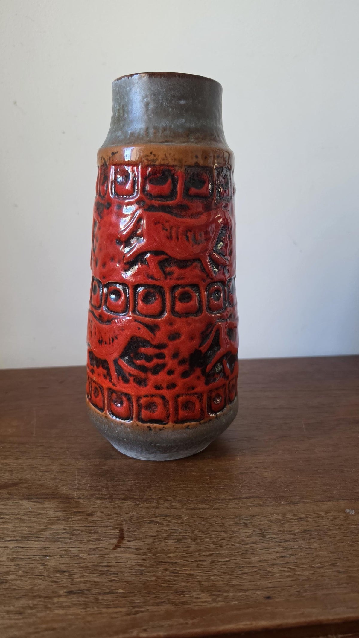 Carstens Tonnieshof Vase West Germany, Prehistoric Animal Relief Vase, Vintage 60s 70s WGP Red Lava Ceramic
