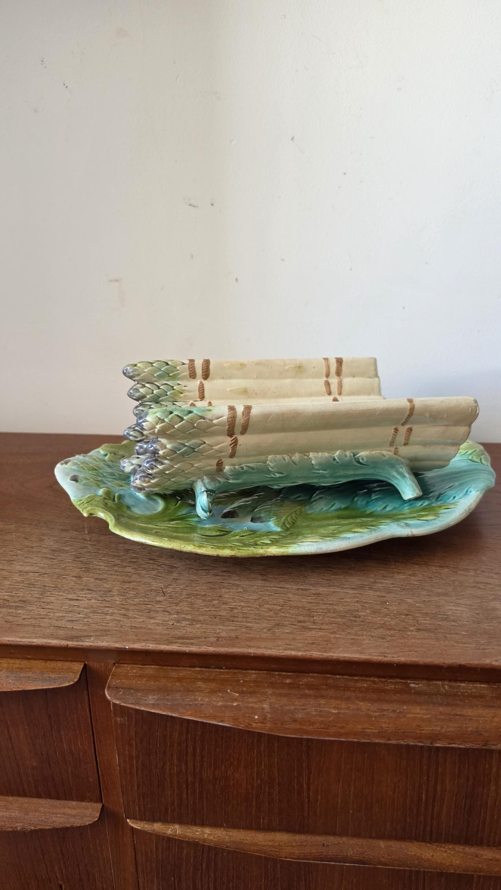 Auntique Majolica Asparagus Server Set, Ceramic Drainer & Platter, French Country Kitchen, Green Glaze Serving Dish
