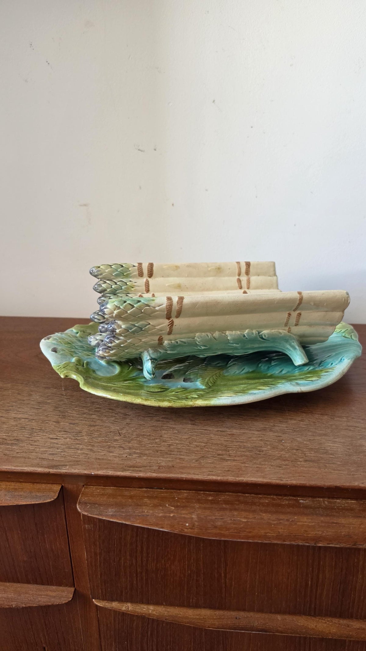 Auntique Majolica Asparagus Server Set, Ceramic Drainer & Platter, French Country Kitchen, Green Glaze Serving Dish