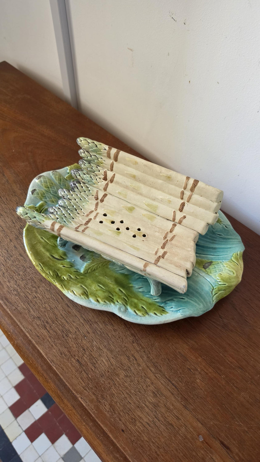 Auntique Majolica Asparagus Server Set, Ceramic Drainer & Platter, French Country Kitchen, Green Glaze Serving Dish