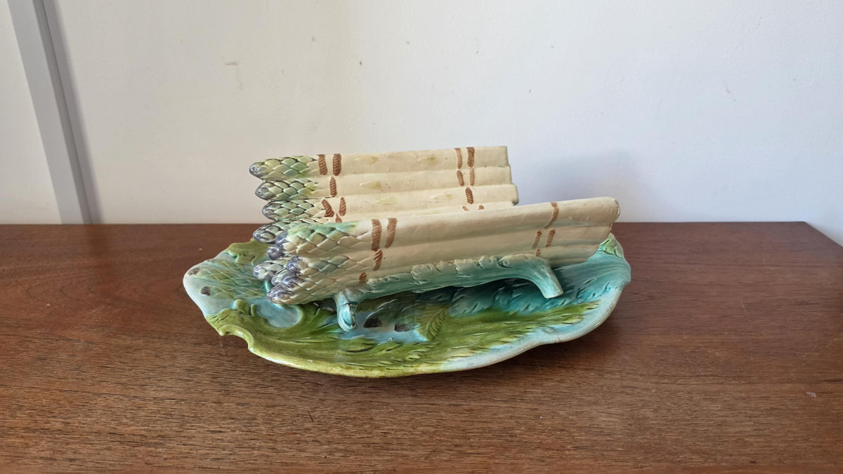 Auntique Majolica Asparagus Server Set, Ceramic Drainer & Platter, French Country Kitchen, Green Glaze Serving Dish