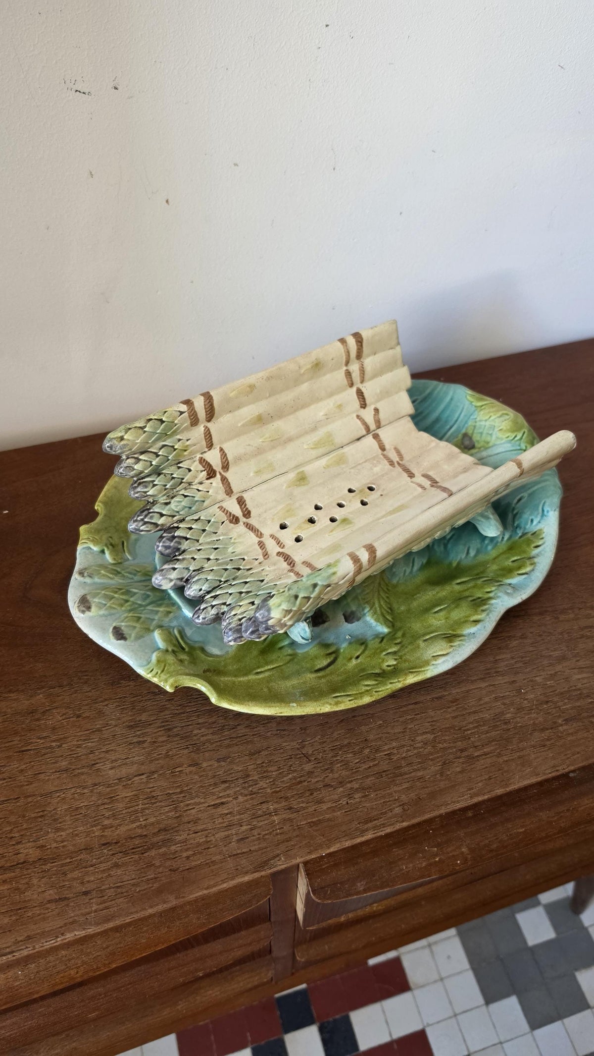 Auntique Majolica Asparagus Server Set, Ceramic Drainer & Platter, French Country Kitchen, Green Glaze Serving Dish