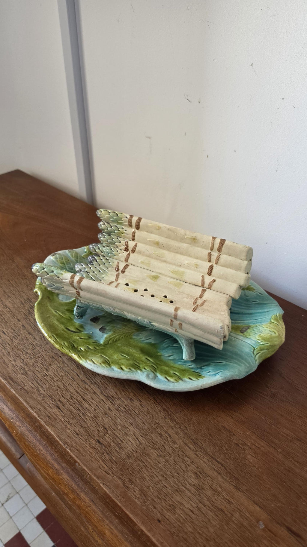 Auntique Majolica Asparagus Server Set, Ceramic Drainer & Platter, French Country Kitchen, Green Glaze Serving Dish