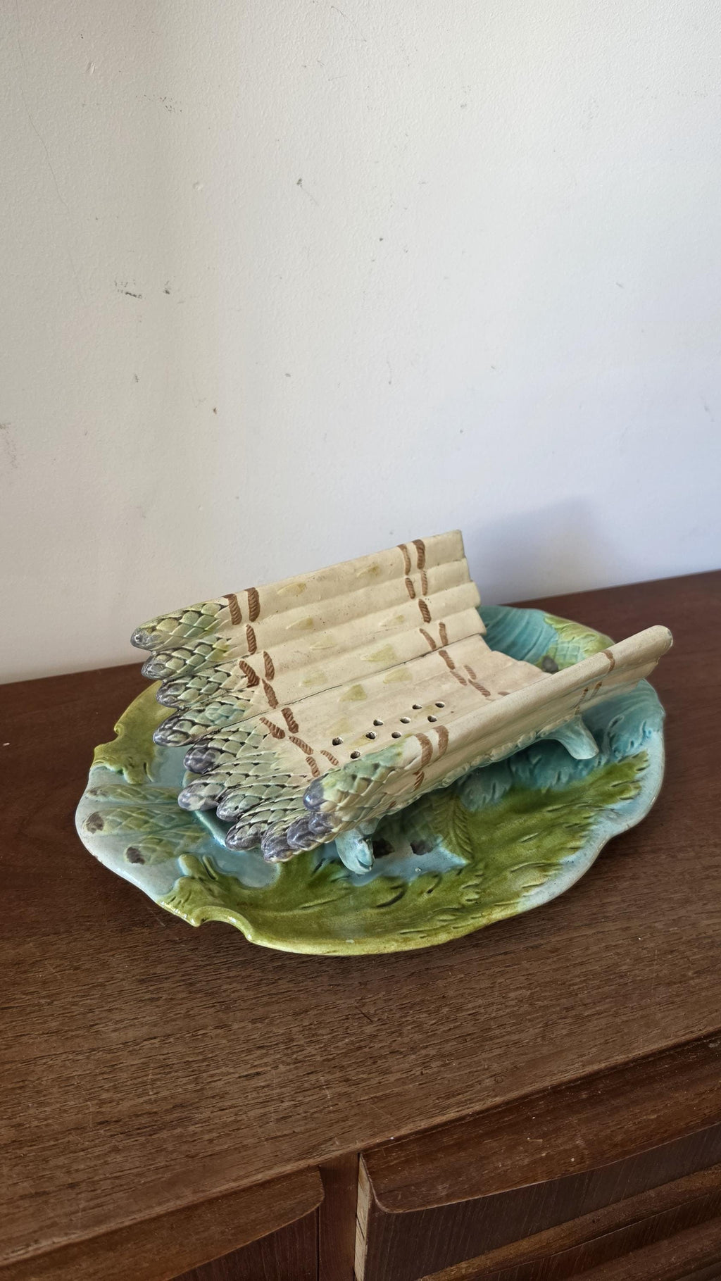 Auntique Majolica Asparagus Server Set, Ceramic Drainer & Platter, French Country Kitchen, Green Glaze Serving Dish