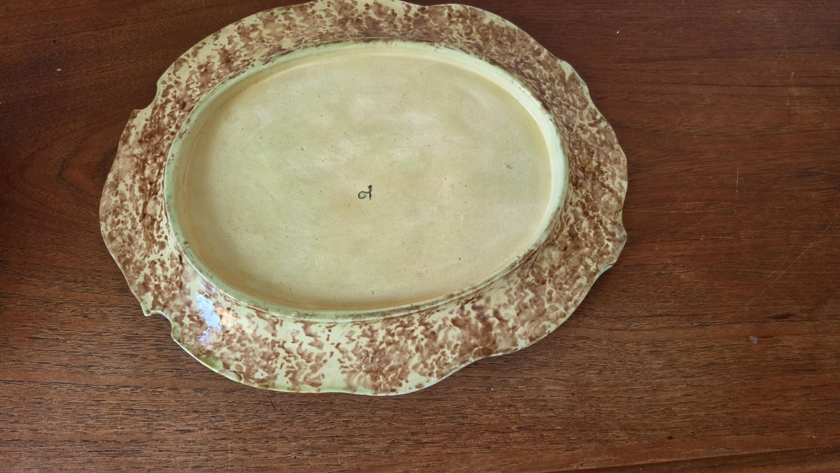 Auntique Majolica Asparagus Server Set, Ceramic Drainer & Platter, French Country Kitchen, Green Glaze Serving Dish