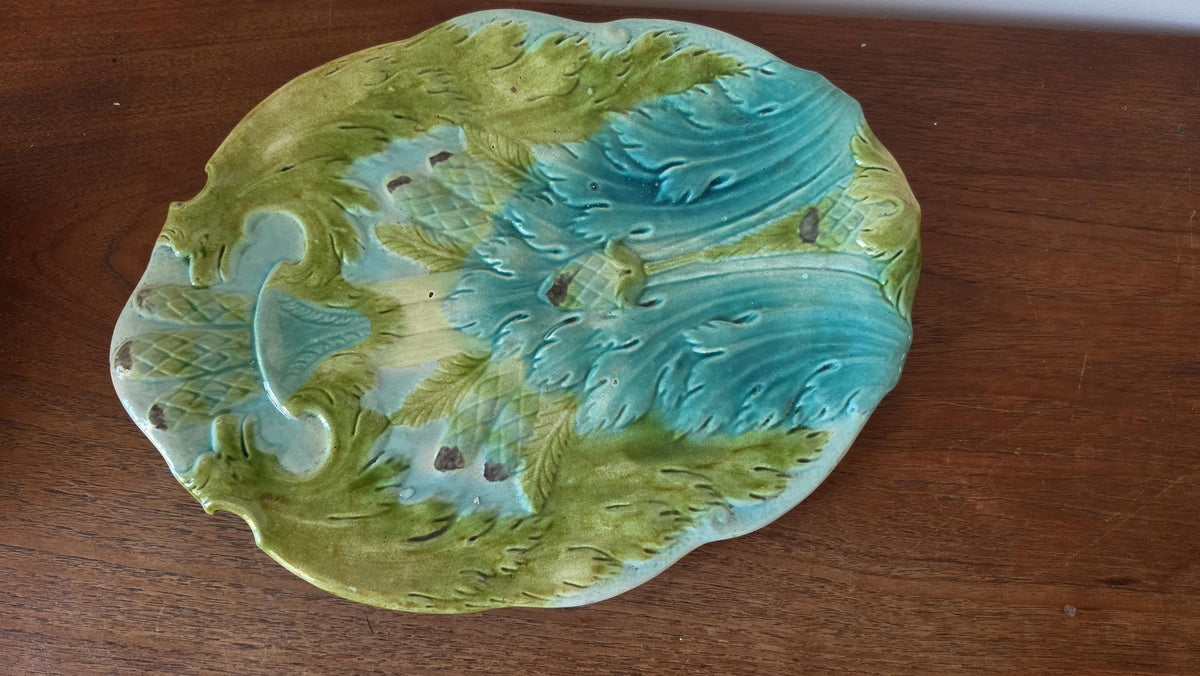 Auntique Majolica Asparagus Server Set, Ceramic Drainer & Platter, French Country Kitchen, Green Glaze Serving Dish
