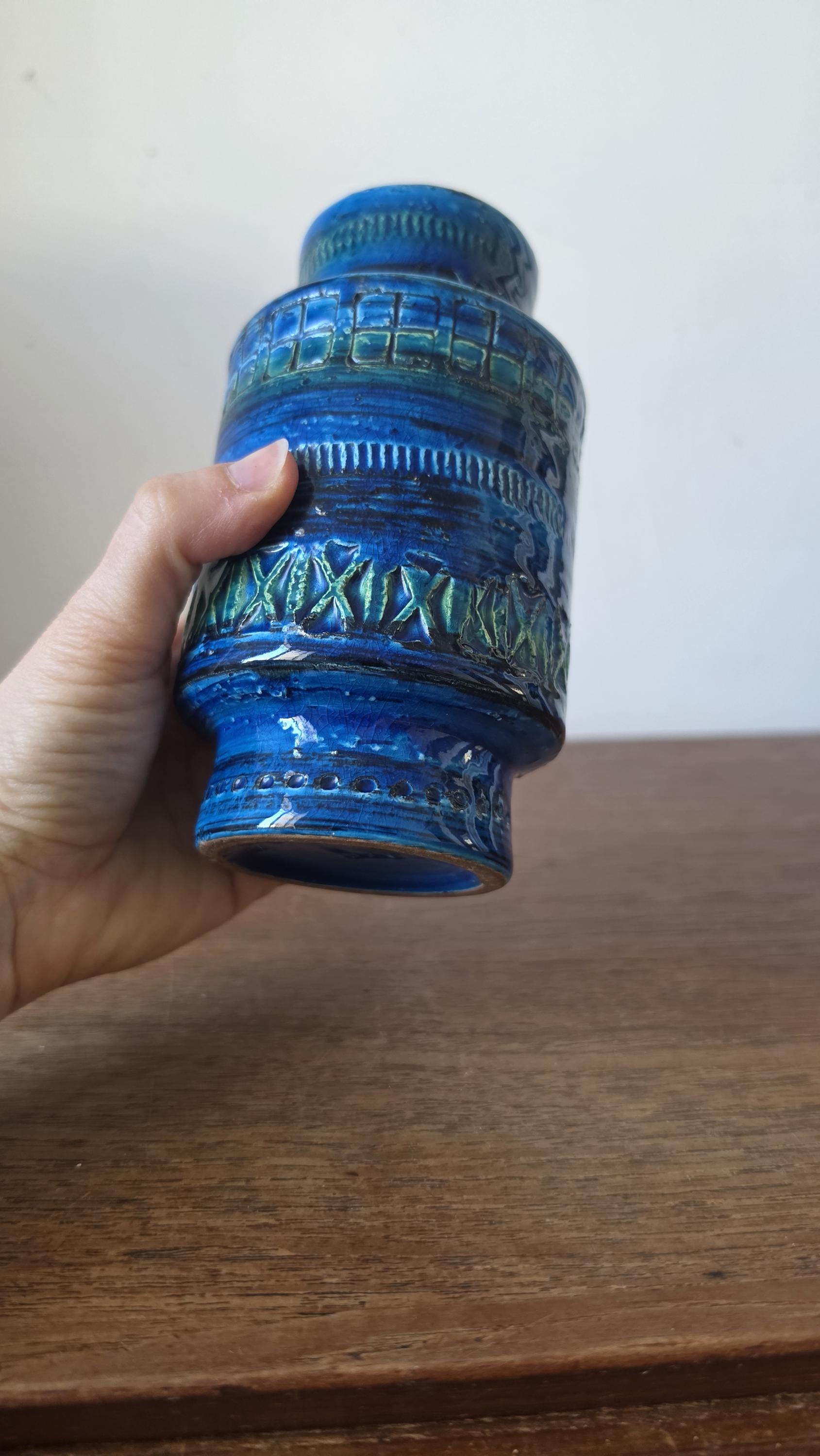 Bitossi Rimini Blu Vase, Italian Mid Century Modern Ceramic, Aldo Londi Style, Blue Geometric Pottery, 1960s Italy