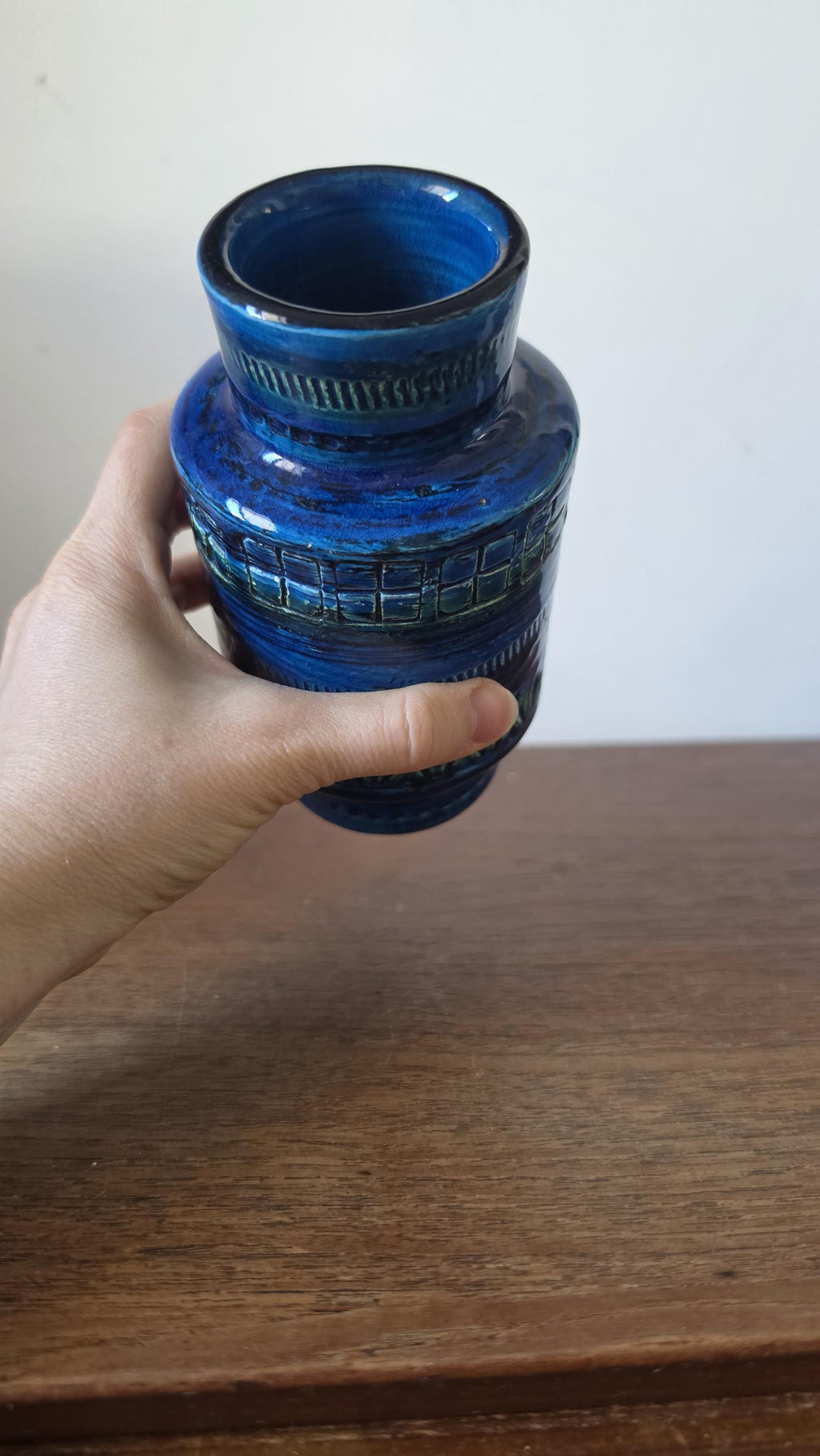 Bitossi Rimini Blu Vase, Italian Mid Century Modern Ceramic, Aldo Londi Style, Blue Geometric Pottery, 1960s Italy