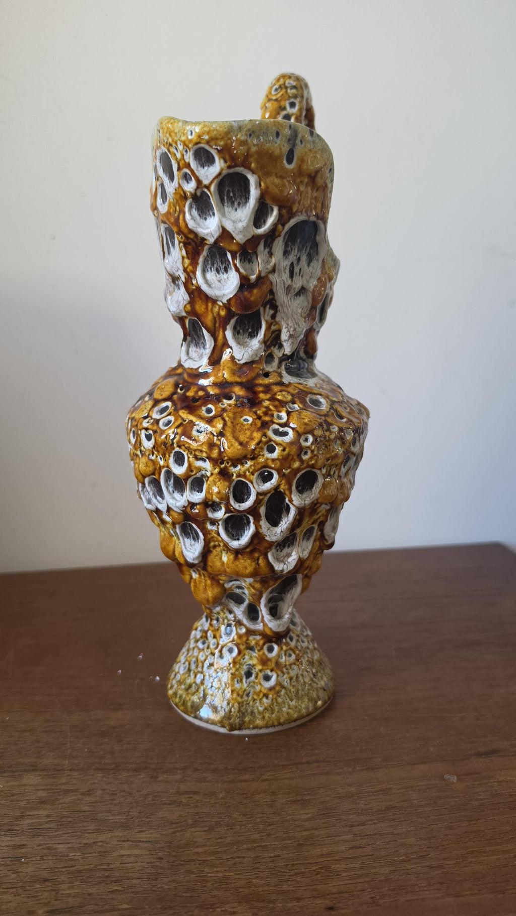 Vintage West German Fat Lava Ewer Vase, Mid Century Modern Ceramic Pitcher, Textured Drip Glaze, 1970s Studio Pottery
