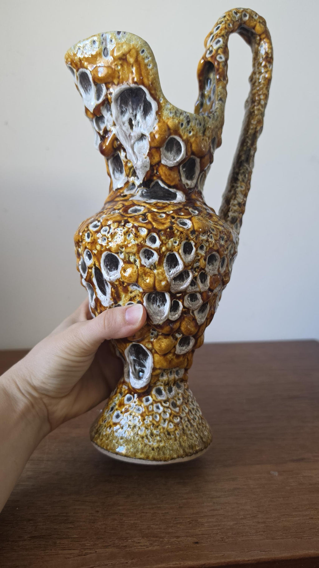 Vintage West German Fat Lava Ewer Vase, Mid Century Modern Ceramic Pitcher, Textured Drip Glaze, 1970s Studio Pottery