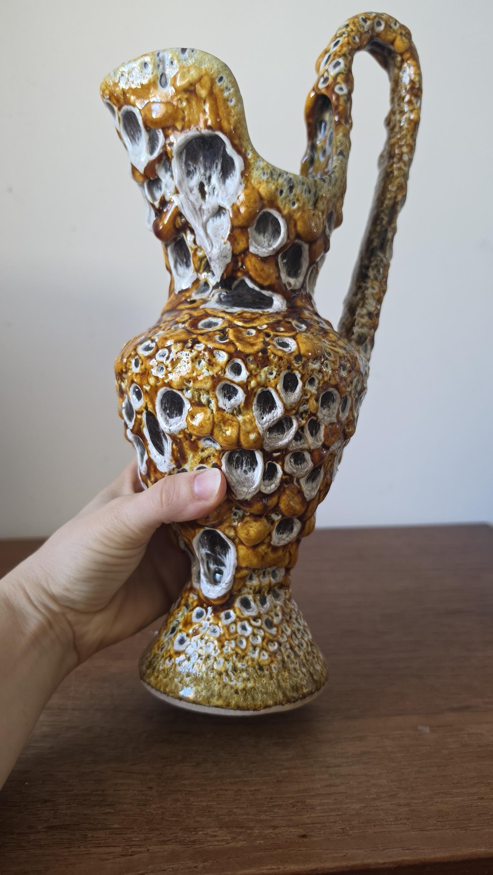 Vintage West German Fat Lava Ewer Vase, Mid Century Modern Ceramic Pitcher, Textured Drip Glaze, 1970s Studio Pottery