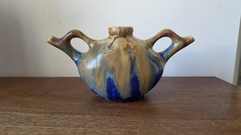 Vintage French Studio Pottery Vase Signed Gilbert Méténier, Mid Century Ceramic Vessel, Blue Brown Drip Glaze, 1960s Art Pottery