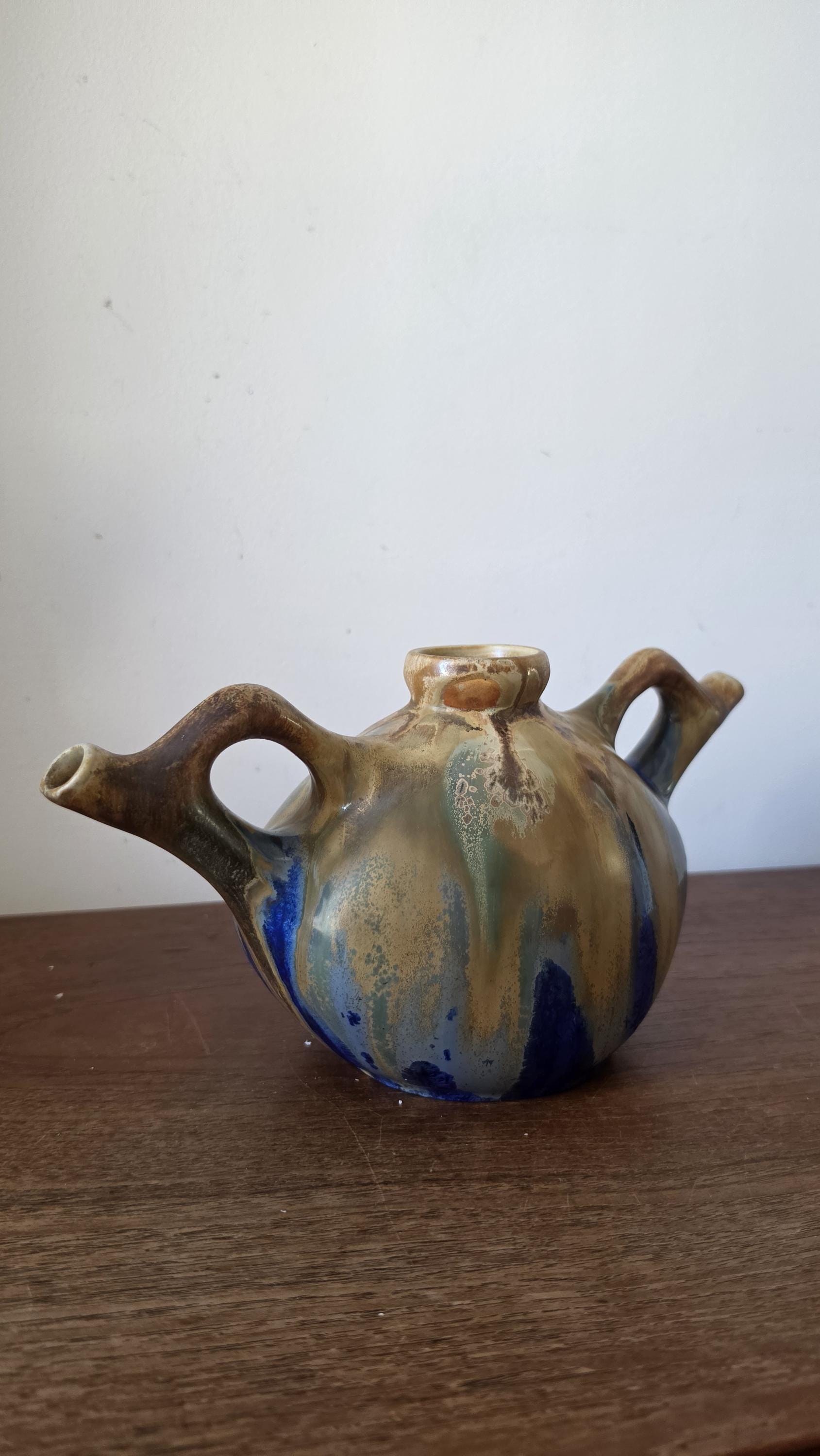 Vintage French Studio Pottery Vase Signed Gilbert Méténier, Mid Century Ceramic Vessel, Blue Brown Drip Glaze, 1960s Art Pottery