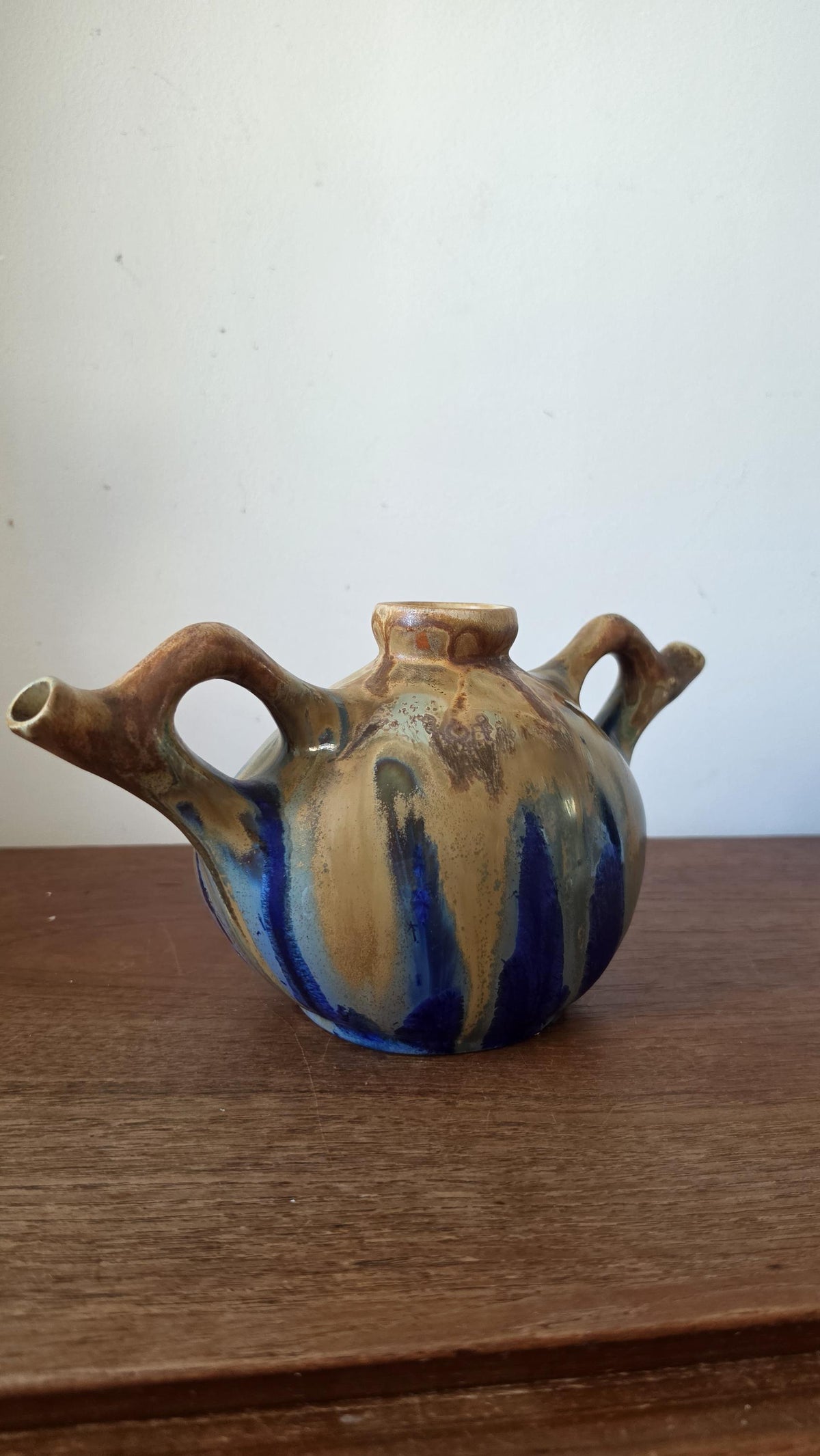 Vintage French Studio Pottery Vase Signed Gilbert Méténier, Mid Century Ceramic Vessel, Blue Brown Drip Glaze, 1960s Art Pottery