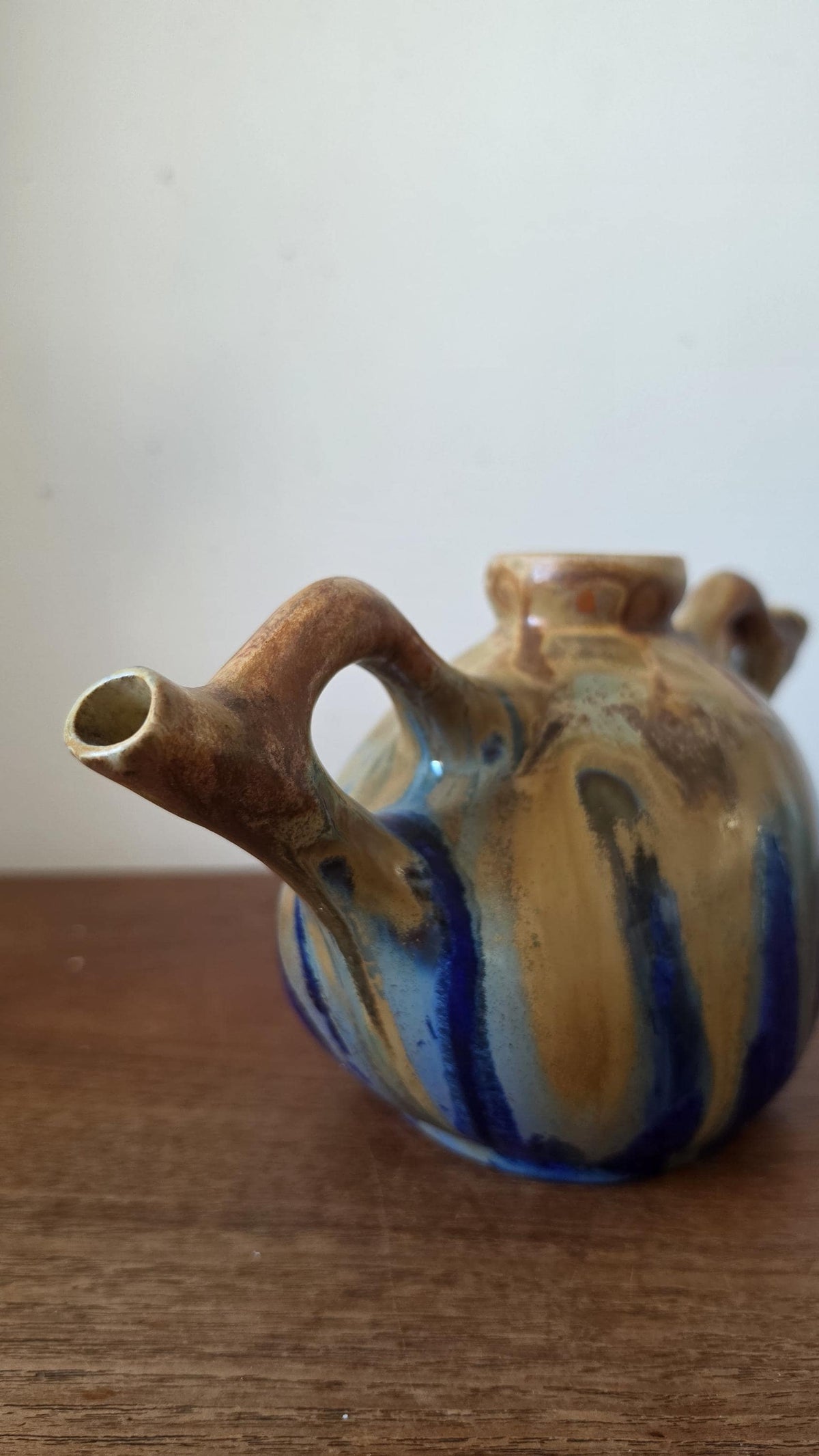 Vintage French Studio Pottery Vase Signed Gilbert Méténier, Mid Century Ceramic Vessel, Blue Brown Drip Glaze, 1960s Art Pottery