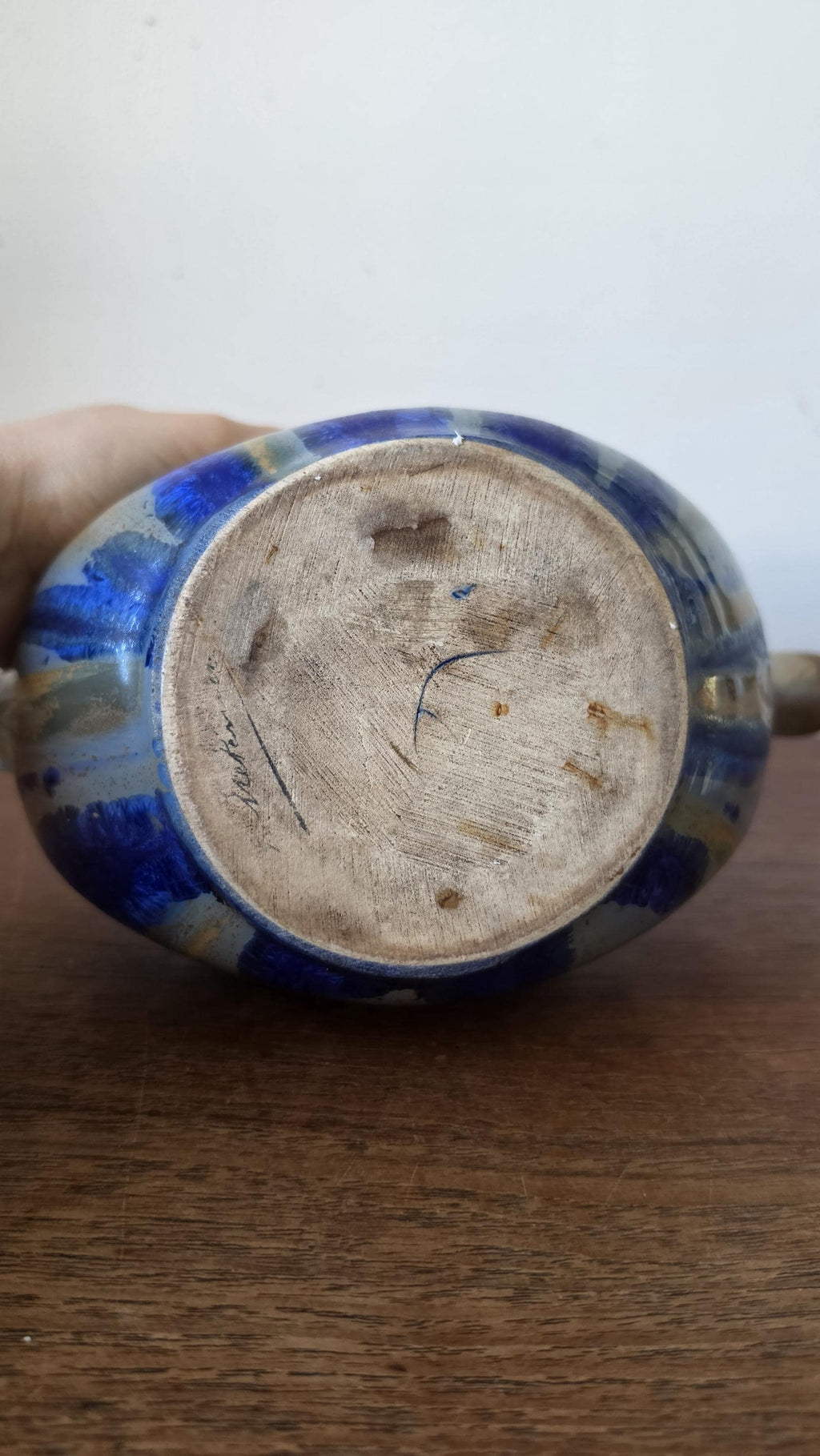 Vintage French Studio Pottery Vase Signed Gilbert Méténier, Mid Century Ceramic Vessel, Blue Brown Drip Glaze, 1960s Art Pottery