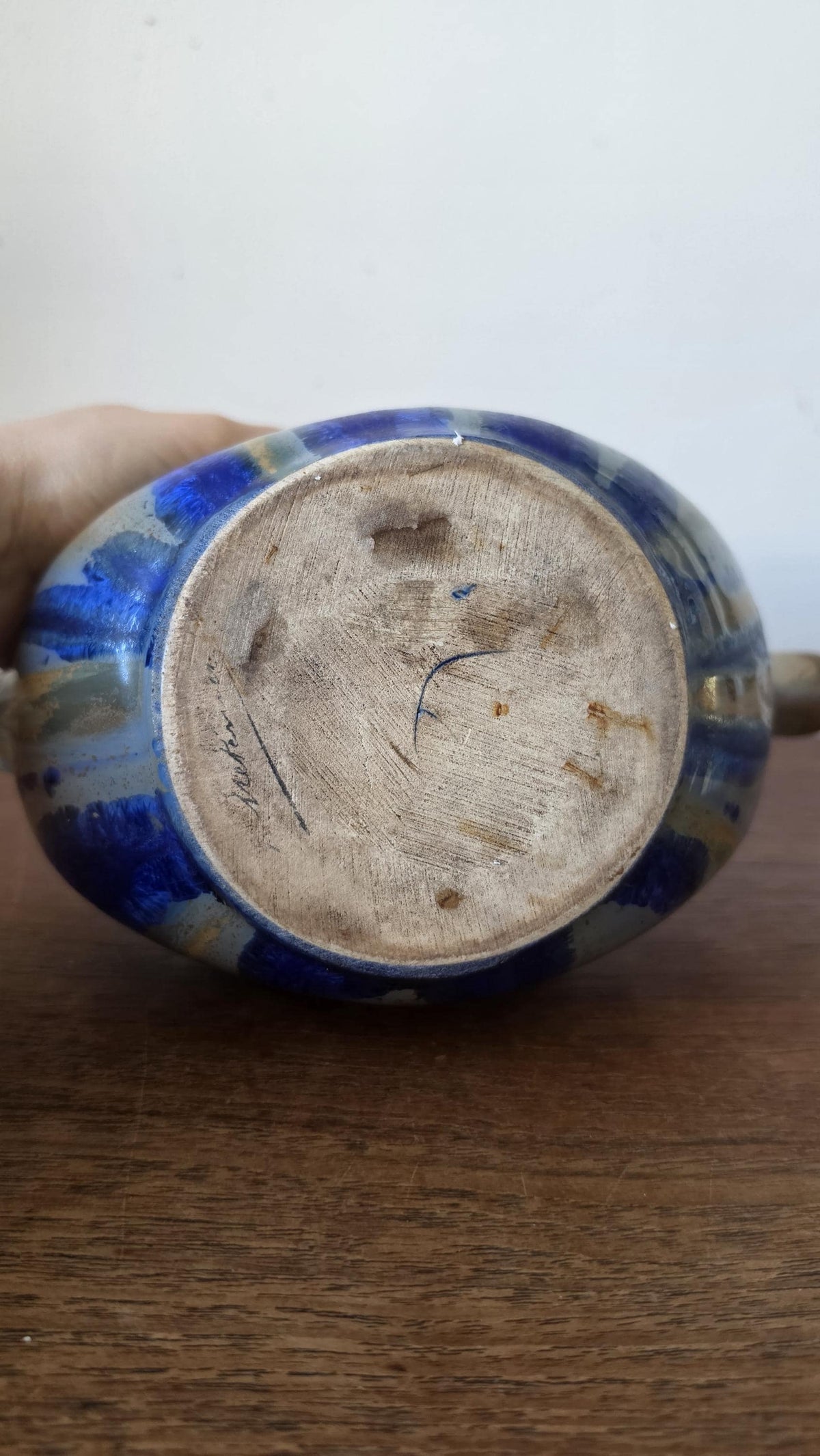Vintage French Studio Pottery Vase Signed Gilbert Méténier, Mid Century Ceramic Vessel, Blue Brown Drip Glaze, 1960s Art Pottery