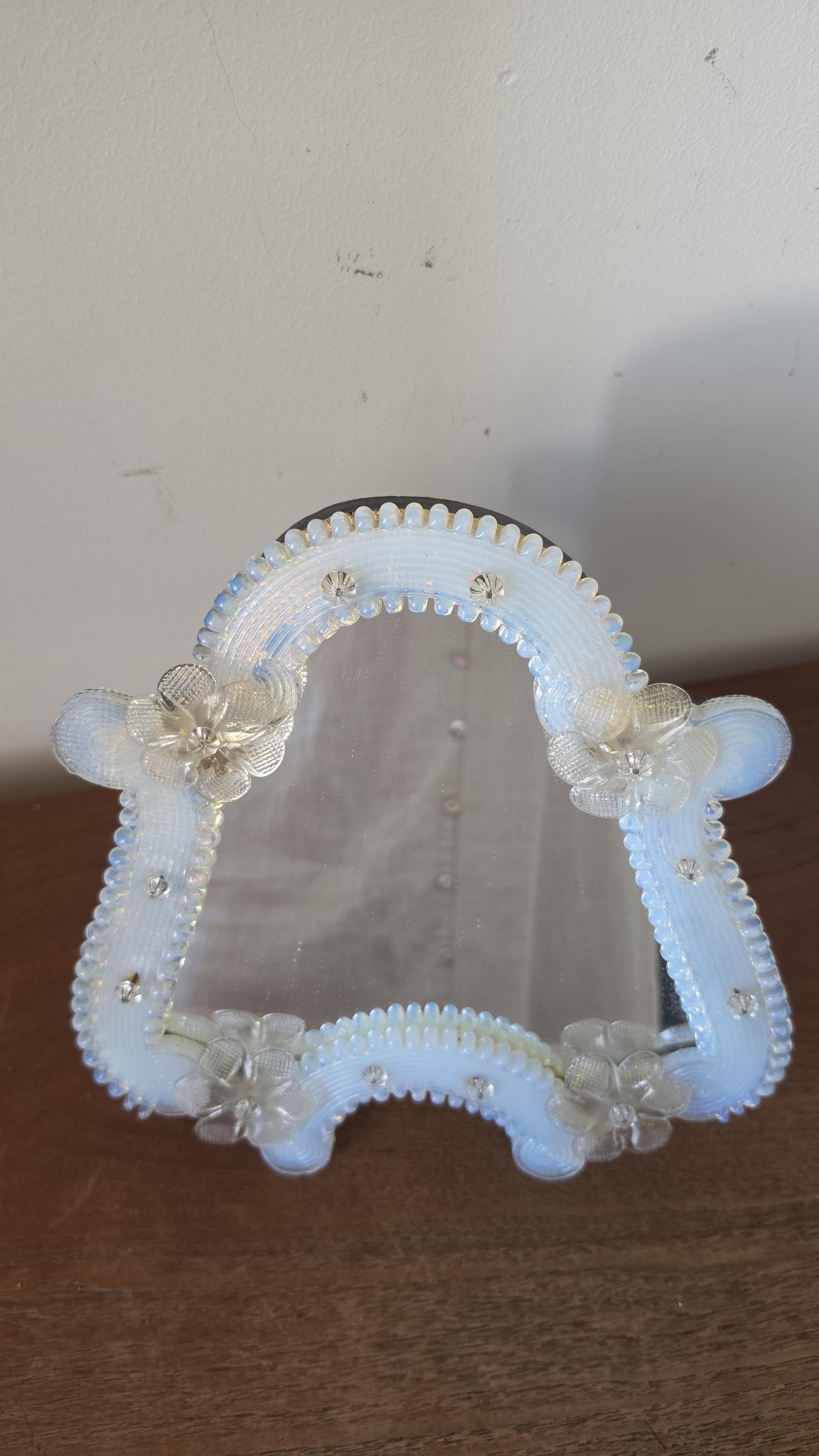 Vintage Venetian Style Opaline Glass Mirror, Floral Murano Style Vanity Mirror, Italian Decorative Table Mirror, Hollywood Regency