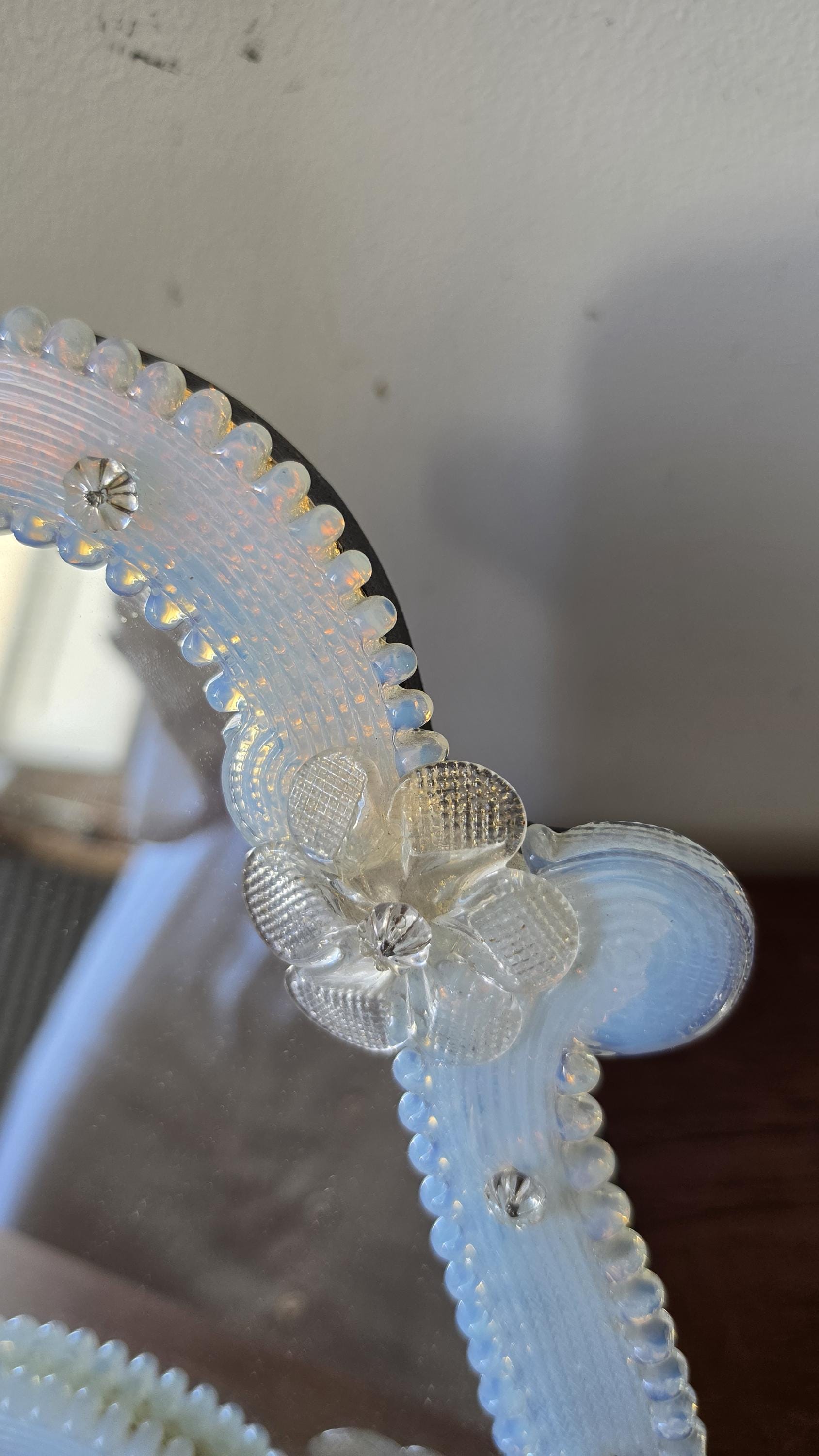 Vintage Venetian Style Opaline Glass Mirror, Floral Murano Style Vanity Mirror, Italian Decorative Table Mirror, Hollywood Regency